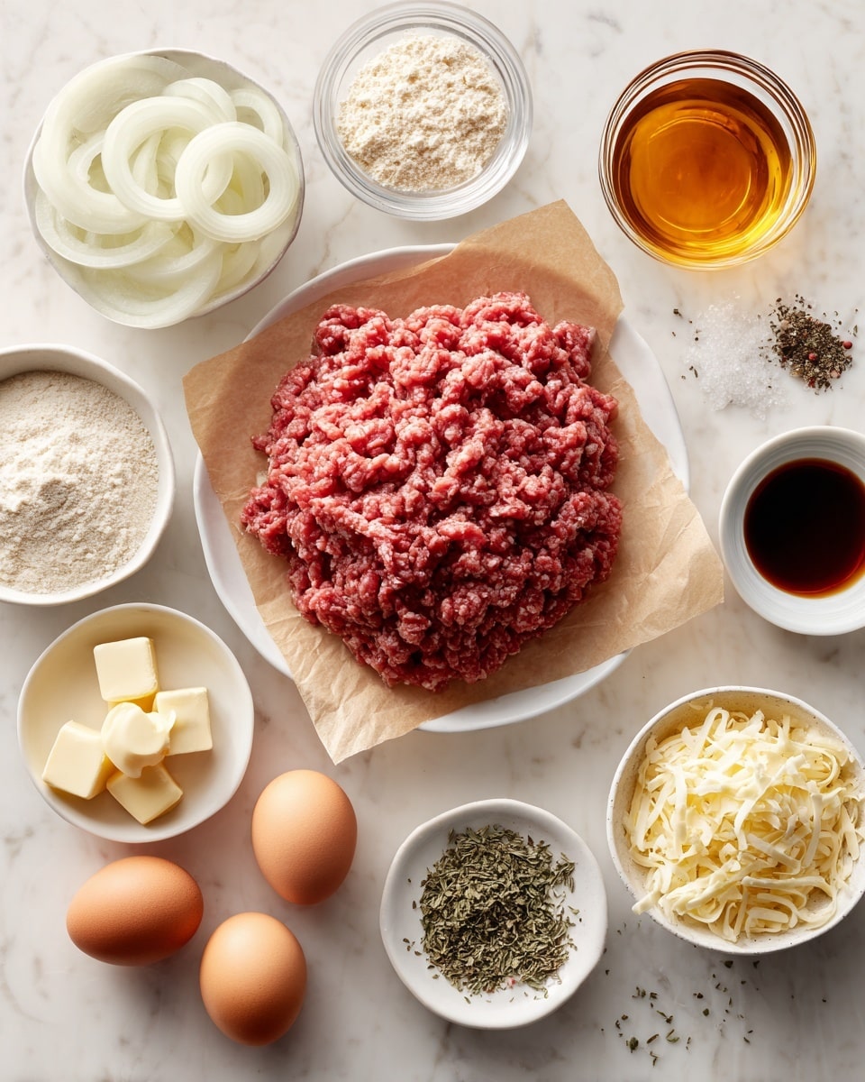 A white plate holds a block of raw ground beef with a rough, bumpy red texture on brown parchment paper, placed on a white marbled surface. Around it are several small white bowls: one with thin off-white sliced onions, one with creamy white flour, another with light tan breadcrumbs, a bowl filled with pale yellow shredded cheese, and one with off-white salt crystals. There are two whole brown eggs, a small bowl with dark brown soy sauce, another with black and white pepper, a dish of pale yellow butter cubes, a glass bowl of amber-colored liquid, and a small bowl of dried green herbs all arranged neatly around the plate. photo taken with an iphone --ar 4:5 --v 7