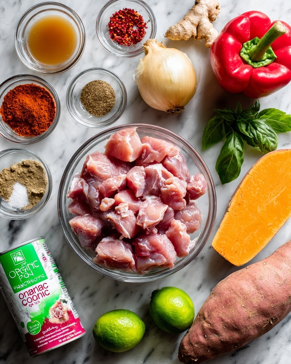 The image shows a flat lay of ingredients arranged on a white marbled surface. In the center, there is a clear glass bowl filled with raw, pink chicken pieces. Around it are bright and colorful ingredients: a whole red bell pepper with a green stem at the top right, a whole yellow onion next to it, a peeled garlic bulb, and a small piece of ginger root. On the left side, there are small glass bowls containing ground brown spices, light tan granulated sugar, and red chili flakes. Two clear glass containers hold a light brown sauce and a dark liquid labeled as fish sauce. Below them, a carton of green-labeled organic chicken broth is placed next to a can of coconut milk with a red label. At the bottom right, there is a large orange sweet potato, and two lime halves with bright green flesh appear next to it. Fresh green basil leaves are placed near the onion, adding a vibrant touch. photo taken with an iphone --ar 4:5 --v 7