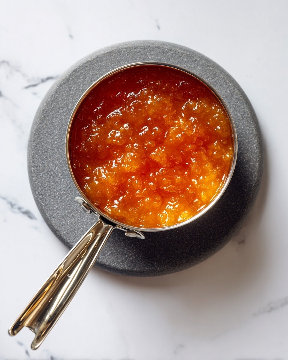 A small silver saucepan filled with thick orange jam with visible chunks, sitting on a round gray trivet. The saucepan has a shiny handle pointing towards the bottom of the image, and everything is placed on a white marbled surface. Photo taken with an iphone --ar 4:5 --v 7