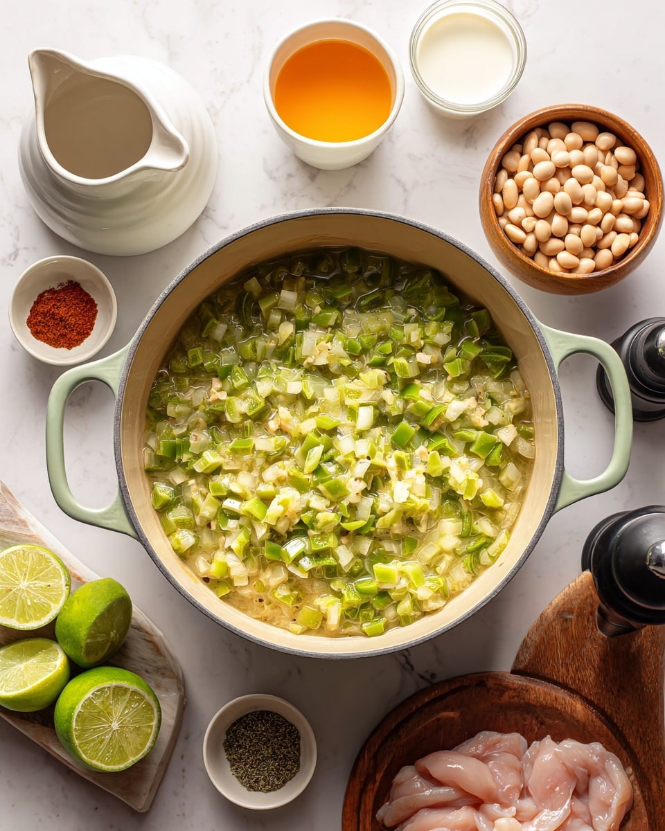 A large light green pot with two handles sits at the center, filled with a mixture of cooked chopped green peppers and onions that look soft and slightly translucent, covering the pot's light beige interior. Surrounding the pot on a white marbled surface are various ingredients: at the top left, a white enamel pitcher holds a smooth, orange-colored liquid; to the right of that, a small glass contains a creamy white liquid; a brown bowl filled with pale beige beans is at the top right; near the bottom right, a white plate holds raw, pink chicken pieces; on the bottom left, a wooden board has softened white cream cheese; a halved lime with a vibrant green inside is placed beside the cream cheese; and near the left edge, a small white dish holds three spices—reddish, green, and black—and a tall black pepper grinder is also visible. Photo taken with an iphone --ar 4:5 --v 7
