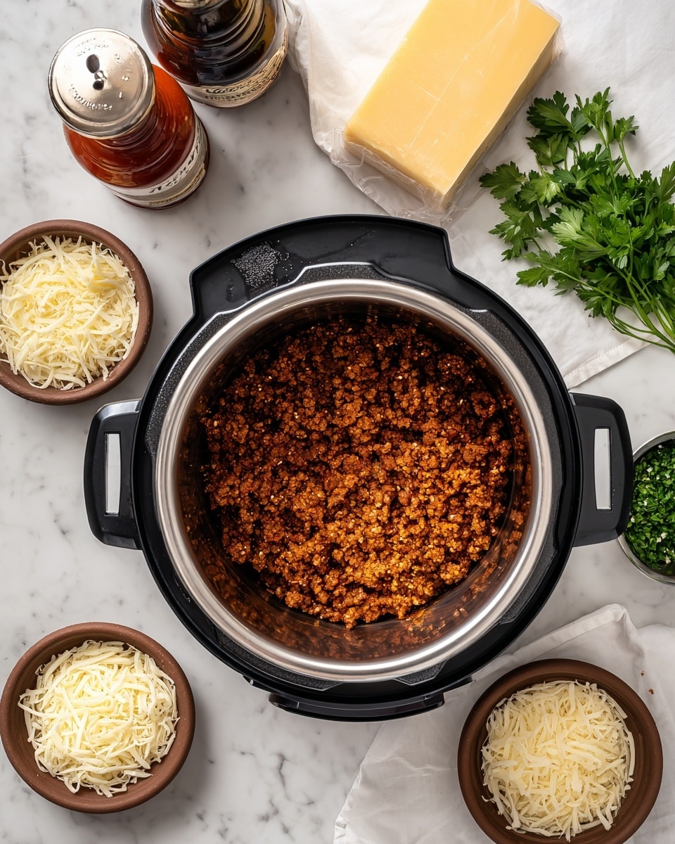 A close-up top view of an open black electric pressure cooker with a shiny silver inner pot filled with cooked ground meat spread evenly in a single layer, brown and crumbly in texture. Around the cooker, placed on a white marbled surface, are three small brown ceramic bowls filled with finely grated white cheese and shredded pale yellow cheese, a block of sliced yellow cheese wrapped in plastic, two bottles of sauce placed above the cooker, and a few sprigs of fresh green parsley to the right. photo taken with an iphone --ar 4:5 --v 7