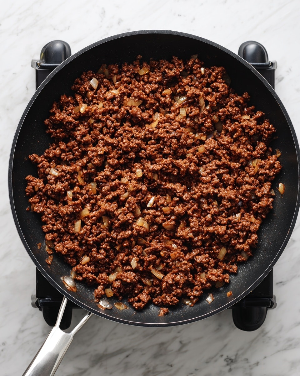 The image shows a black frying pan filled with cooked ground beef mixed with small pieces of cooked onions. The beef is evenly spread across the pan, showing a crumbly texture and a rich brown color with some lighter spots where the onions are visible. The pan is on a stove with black handles and a silver metal grip on the left side. The background is a white marbled texture. photo taken with an iphone --ar 4:5 --v 7