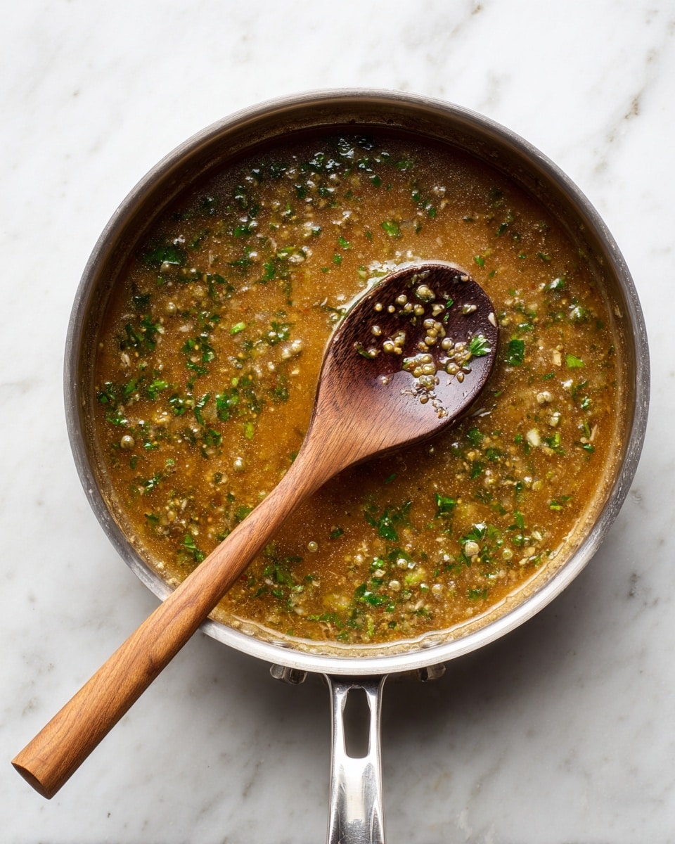 A metal pan filled with a light brown sauce that has green herbs and whole green peppercorns mixed inside, giving it a textured look. A wooden spoon with a smooth dark brown top side is resting in the pan, partly covered with some sauce. The pan is placed on a white marbled surface, and the handle of the pan is visible with a metallic silver look. The photo taken with an iphone --ar 4:5 --v 7