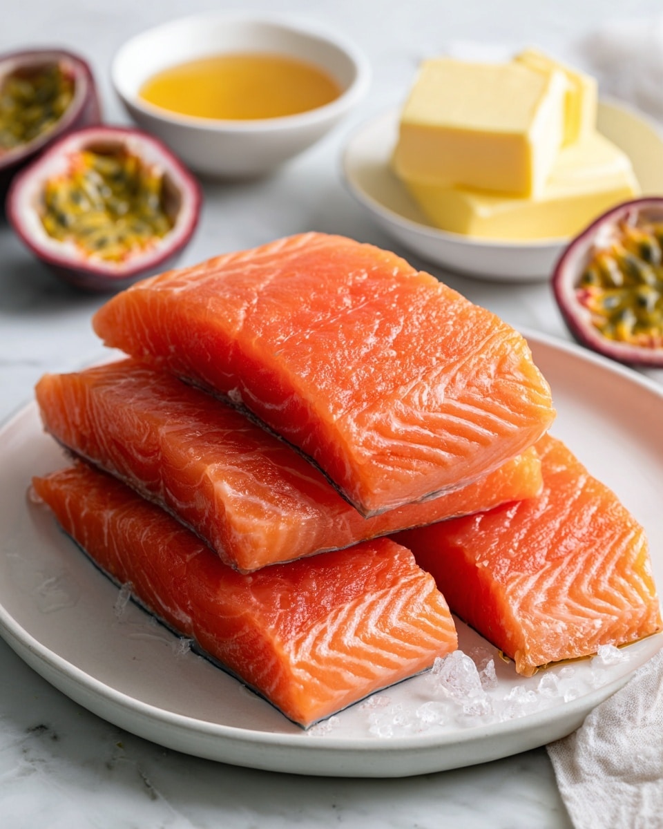A white ornate rectangular plate with handles holds several pieces of cooked pink salmon stacked loosely in a pile, each piece showing grill marks and a slightly textured surface. Bright yellow passion fruit sauce with black seeds is spread over the salmon in thick, shiny layers, dripping slightly off the sides. Green parsley leaves are scattered on top and around the salmon, adding a fresh touch. Around the plate on a white marbled surface, there are halved passion fruits filled with yellow pulp and black seeds, a small bowl of passion fruit sauce with a spoon, and a light beige lace cloth, creating a natural and rustic setting. photo taken with an iphone --ar 4:5 --v 7