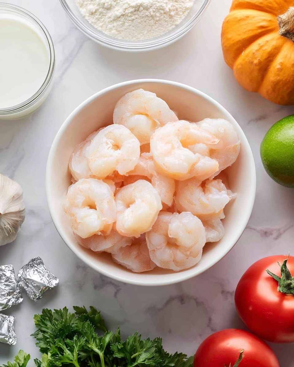 A white ceramic bowl filled with raw peeled shrimp that are pale pink and translucent with a slight shine, showing their curved shapes and soft texture. The bowl is placed on a white marbled surface. Around the bowl, there are fresh green parsley leaves at the bottom, three red tomatoes on the right side, a lime, and an orange pumpkin in the upper right corner. On the top left, a small white bowl of flour, a clear glass container of milk, and two garlic cloves are visible, along with two silver foil-wrapped butter packets near the bottom left. The scene has a clean, fresh, and natural look. photo taken with an iphone --ar 4:5 --v 7