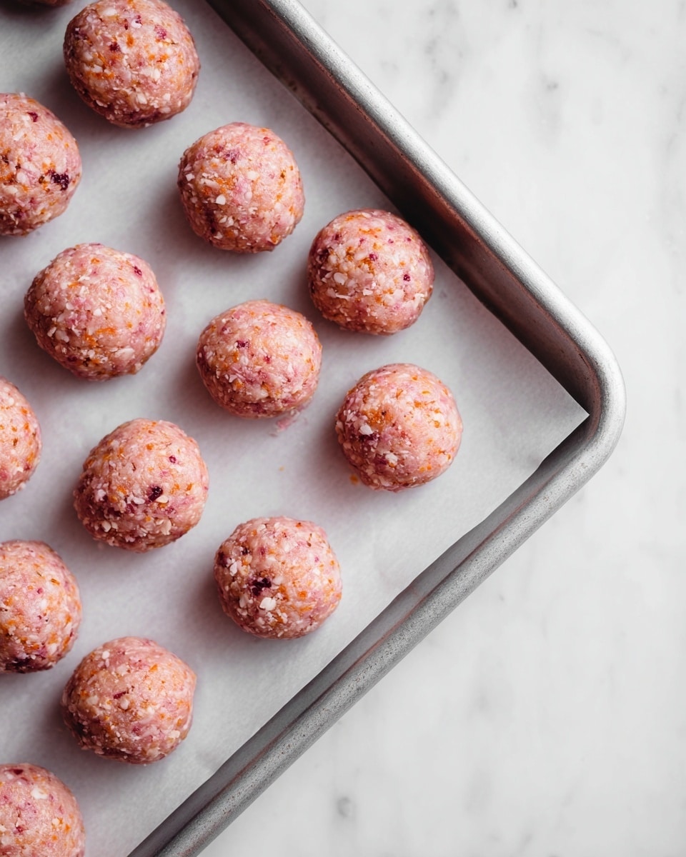 The image shows many small, round balls of a raw pinkish mixture with bits of orange and white, arranged in neat rows on a white sheet of baking paper that lines a metal baking tray. The balls look soft with a slightly rough texture from the small bits inside, and the tray is placed on a white marbled surface. photo taken with an iphone --ar 4:5 --v 7