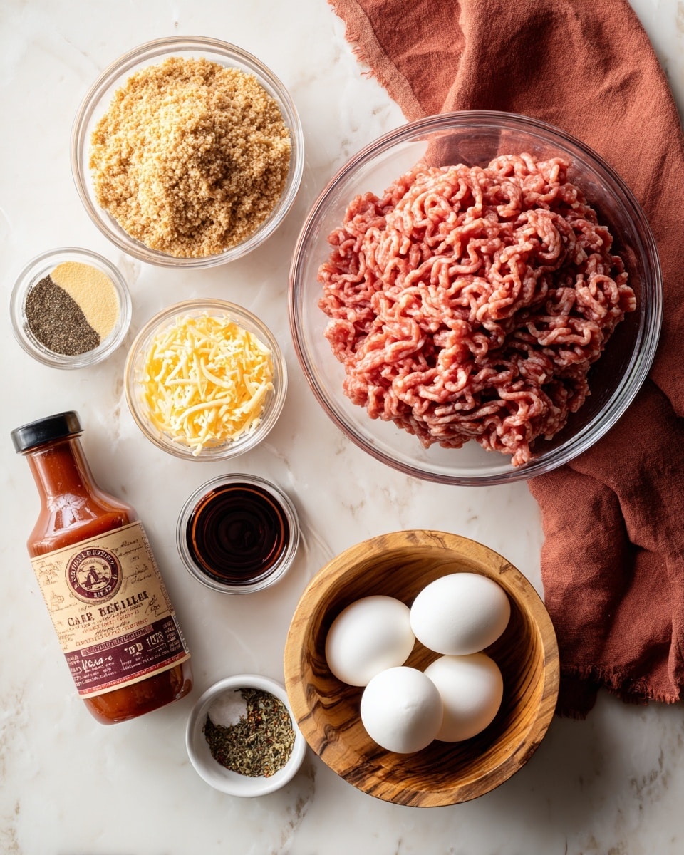 A clear glass bowl filled with raw ground meat with a pink and slightly reddish texture sits on the top right, surrounded by small round white bowls containing various ingredients: grated pale yellow cheese, dark brown sauce, and a mix of spices with sections of black pepper, salt, and dried herbs. Below, two white eggs rest in a small wooden bowl with natural brown grain patterns. A measuring cup filled with light brown breadcrumbs is placed to the left, and a bottle of organic Kansas City style BBQ sauce with a red label lies on a soft rust-colored cloth at the bottom right. All items are arranged on a white marbled surface. photo taken with an iphone --ar 4:5 --v 7
