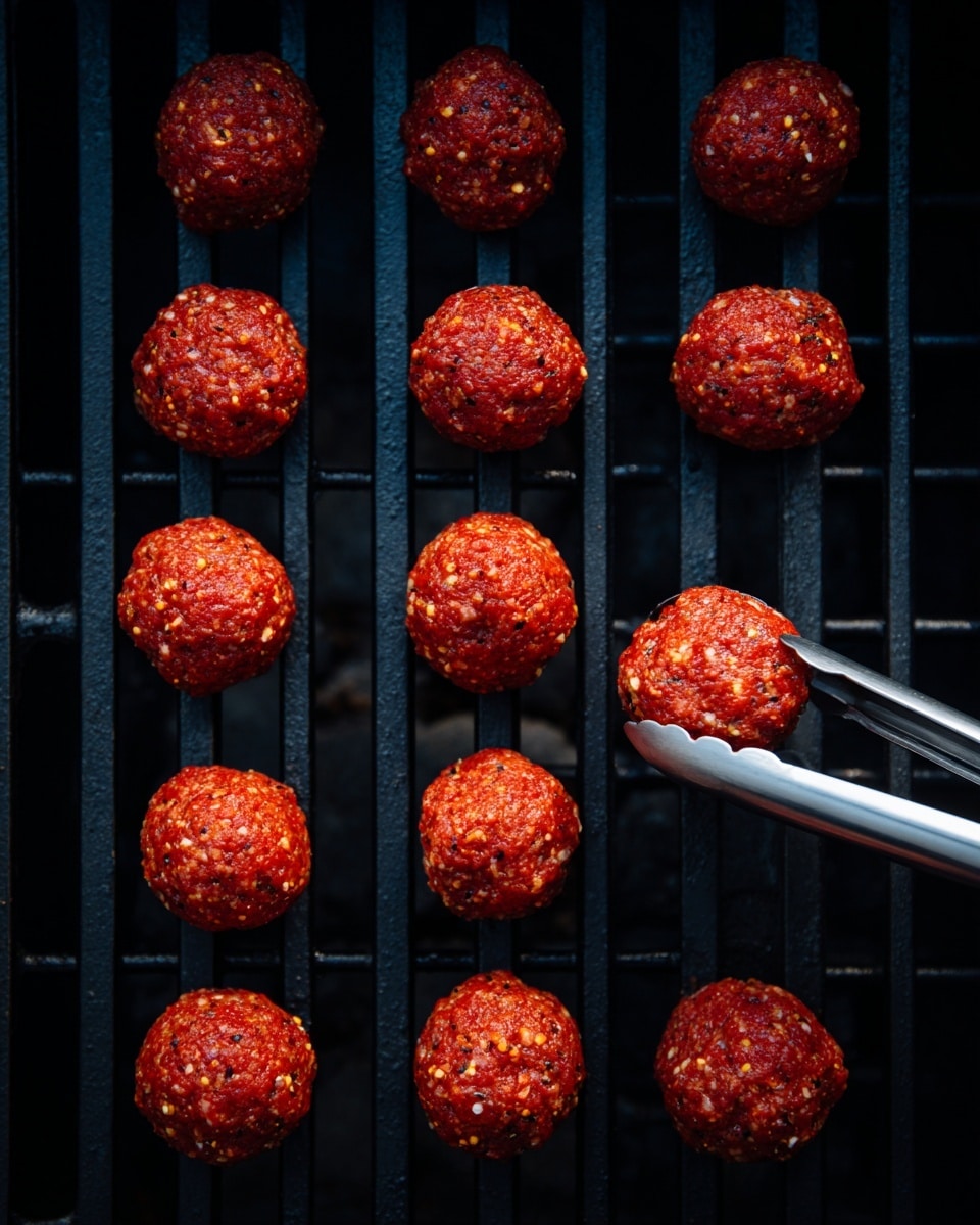 A grill with two layers of raw meatballs arranged evenly on the black grates, with the top layer having 13 meatballs and the bottom layer having 8 meatballs; a pair of silver tongs is holding one meatball on the lower right side. The meatballs are round and have a textured surface showing bits of seasoning in the red meat. The background is dark inside the grill. photo taken with an iphone --ar 4:5 --v 7