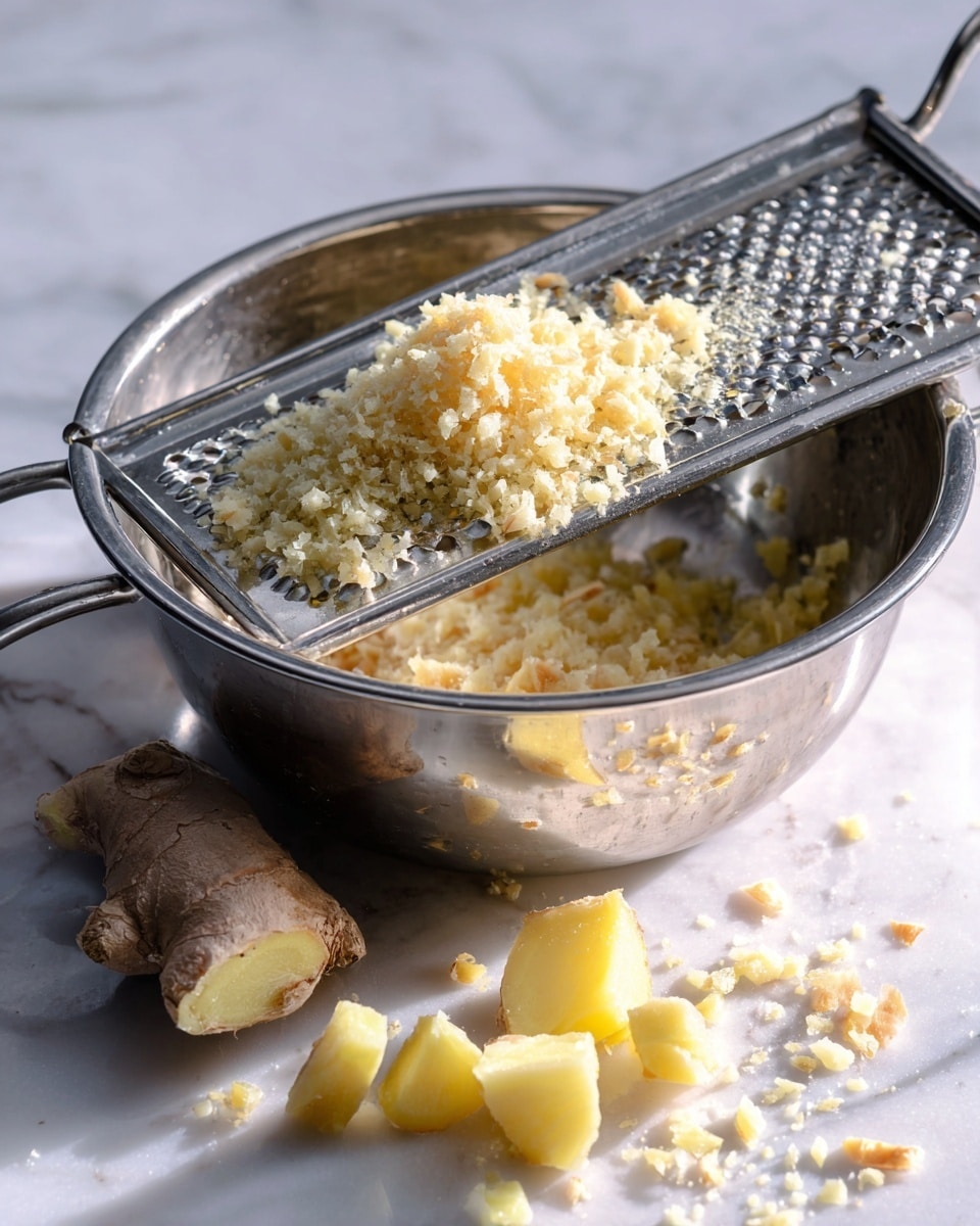 The image shows a shiny silver pot with a fine metal grater resting on its edge. On the grater, there is a small pile of finely grated pale yellow ginger, with some pieces falling into the pot below. Inside the pot, there are a few larger chunks of ginger placed at the bottom. The background surface is smooth with a white marbled texture. The scene is lit softly, highlighting the texture of the grated ginger and the reflective surface of the pot. photo taken with an iphone --ar 4:5 --v 7