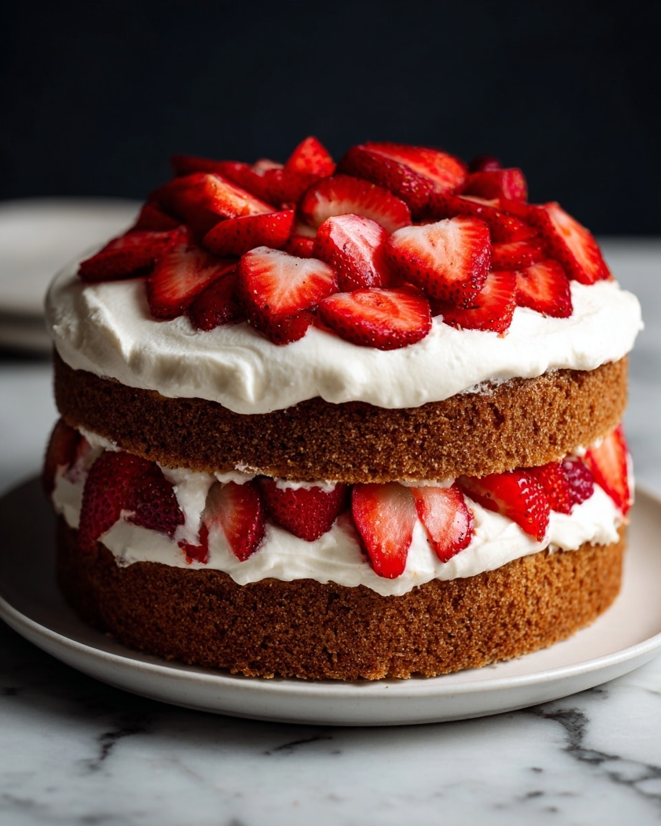 A tall cream cake with three visible layers covered in white frosting mixed with swirls of red strawberry sauce, giving it a marbled look around the sides. On top of the cake, there are whole and sliced strawberries mixed with fresh green mint leaves, adding bright colors and freshness to the decoration. The cake sits on a white cake stand, placed on a white marbled surface, and the background is a clean white tiled wall. photo taken with an iphone --ar 4:5 --v 7