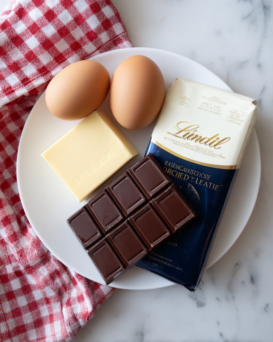 A white plate on a white marbled surface holds two brown eggs positioned at the top left. Below the eggs, there is a square piece of pale yellow butter. Two bars of dark chocolate are stacked diagonally on the right side of the plate, with the top bar being a Lindt Excellence 70% Cocoa dark chocolate in a white wrapper displaying gold and black text, and the bar underneath is a Ghirardelli Intense Dark chocolate bar with a dark blue wrapper. A red and white checkered cloth is partially visible under the plate. Photo taken with an iphone --ar 4:5 --v 7
