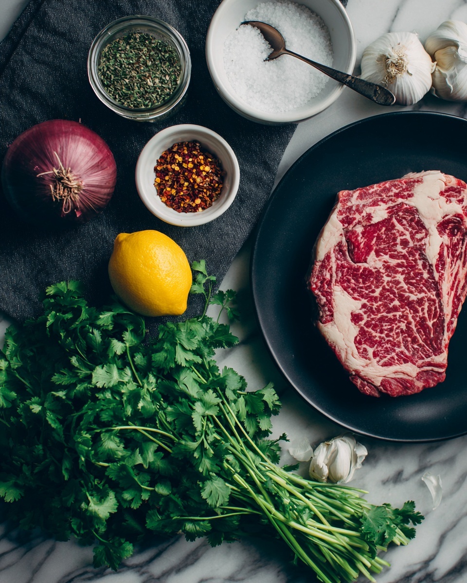 The image shows a close-up of raw steak with bright red and white marbling placed on a black plate near the top right. Around it, there is a white bowl with salt, a glass jar with greenish dried herbs and a silver spoon in it, a whole garlic bulb with a rough white skin, and a small white cup filled with red chili flakes sitting on a dark cloth. A vibrant purple onion with smooth skin sits near the garlic on the same dark cloth. Below, a large bunch of fresh green cilantro with delicate leafy texture is spread out, and half a bright yellow lemon is positioned to the left, all arranged on a dark surface with a white marbled texture visible at the edges. photo taken with an iphone --ar 4:5 --v 7