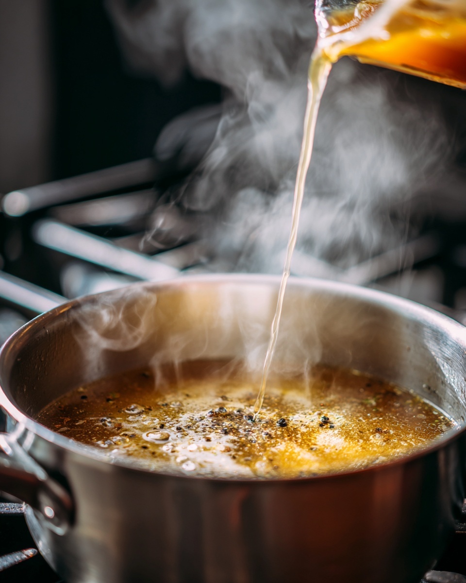 A close-up view of a steaming silver pot filled halfway with a golden brown bubbly liquid that has small black pepper flakes floating on the surface; a carton of beef broth is tilted above the pot with broth pouring out in a steady stream into the bubbling liquid below; the background shows a black stove with steam rising softly from the pot. photo taken with an iphone --ar 4:5 --v 7