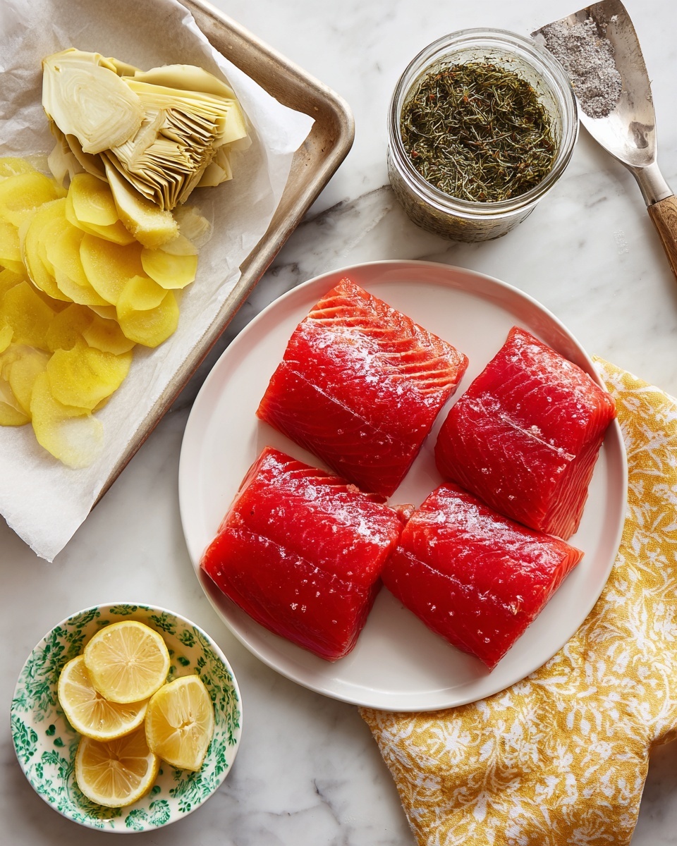 The image shows four pieces of bright red fish fillets with shiny surfaces, arranged on a white round plate at the top center. At the bottom left, there is a white parchment paper on a tray holding thin slices of yellow squash and chunks of artichoke pieces. To the right, there is a glass jar filled with a green herb mixture next to a smaller jar filled with the same seasoning and a silver measuring spoon inside it, both resting on a yellow and white patterned cloth. Below this, a small white bowl with a green pattern holds several lemon wedges, bright yellow and fresh. The whole setup is placed on a white marbled surface. Photo taken with an iphone --ar 4:5 --v 7