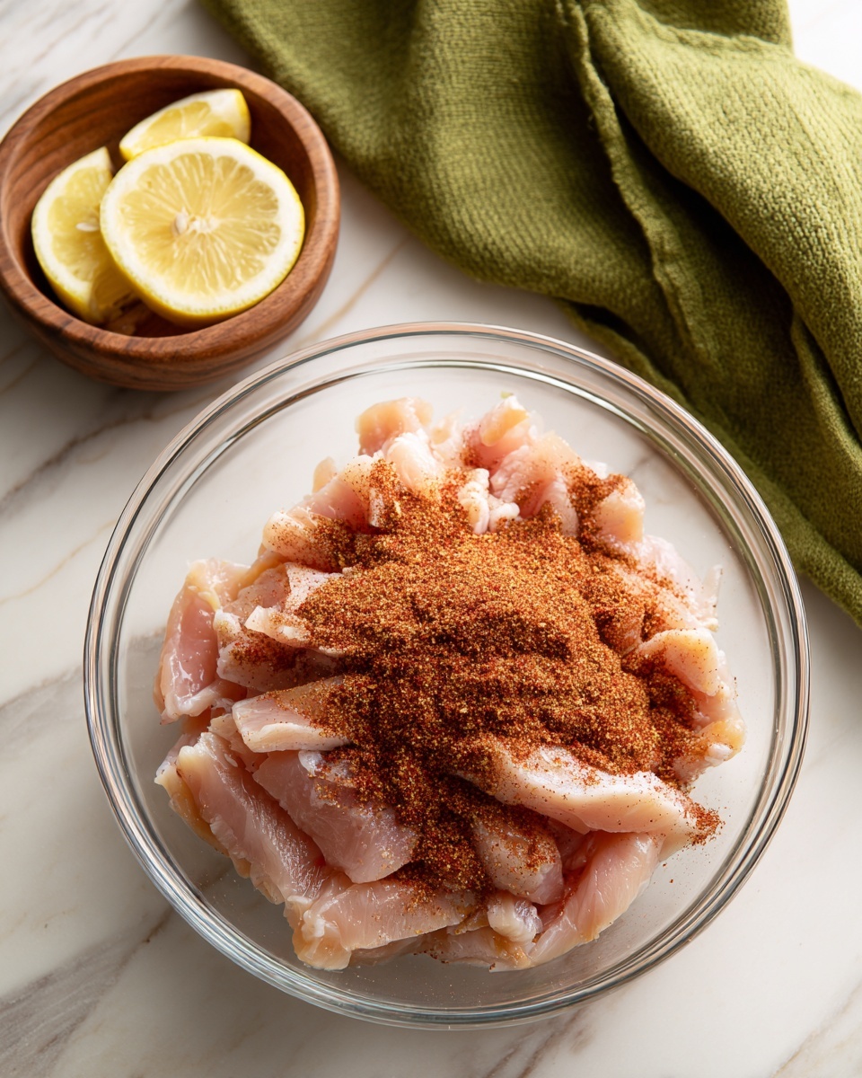 A clear glass bowl is placed on a white marbled surface, filled with raw pale pink chicken strips arranged loosely inside. On top of the chicken, there is a generous layer of reddish-brown dry spice mix scattered unevenly, giving a textured look. To the left of the bowl, half a lemon cut into two pieces rests in a small wooden bowl, and behind that, there is a green cloth casually draped on the surface. The photo taken with an iphone --ar 4:5 --v 7