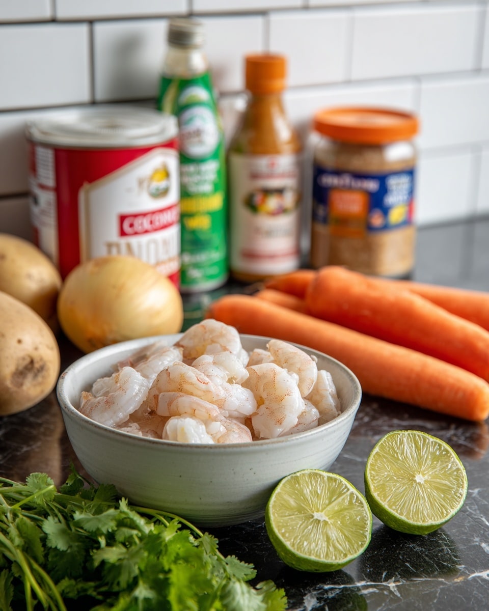 The image shows a white ceramic bowl filled with raw peeled shrimp placed on a black surface. In front of the bowl, two lime halves are displayed with one cut side facing up, next to a small bunch of fresh green cilantro. To the right of the bowl, there are three bright orange carrots, a light brown potato, and a pale yellow onion. Behind the bowl, there are four standing containers: a white tub with a red label of red curry paste, a can of coconut milk with a green label, a clear glass bottle of fish sauce with a red and white label, and a large jar of coconut palm sugar with an orange lid and blue label. The background features a white subway tile wall, and the whole setup sits on a white marbled surface. photo taken with an iphone --ar 4:5 --v 7