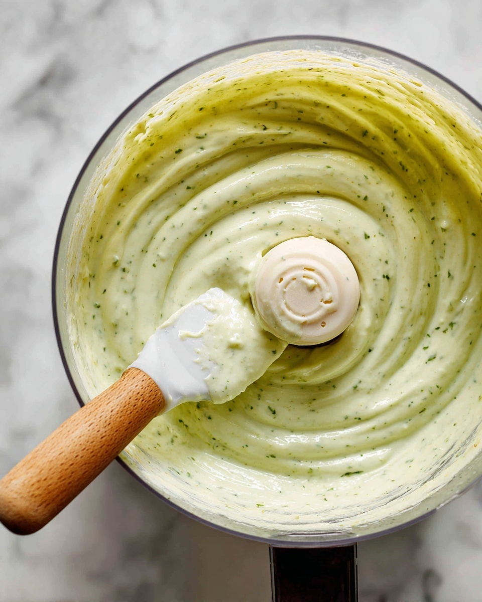 Salmon and Asparagus Green Goddess Bowl Recipe 5 A close-up view inside a food processor bowl filled with a creamy, light green sauce that has small green flecks, showing a smooth and thick texture. A white silicone spatula with a wooden handle rests inside, with some sauce on its edge. The background features a white marbled texture. Photo taken with an iphone --ar 4:5 --v 7