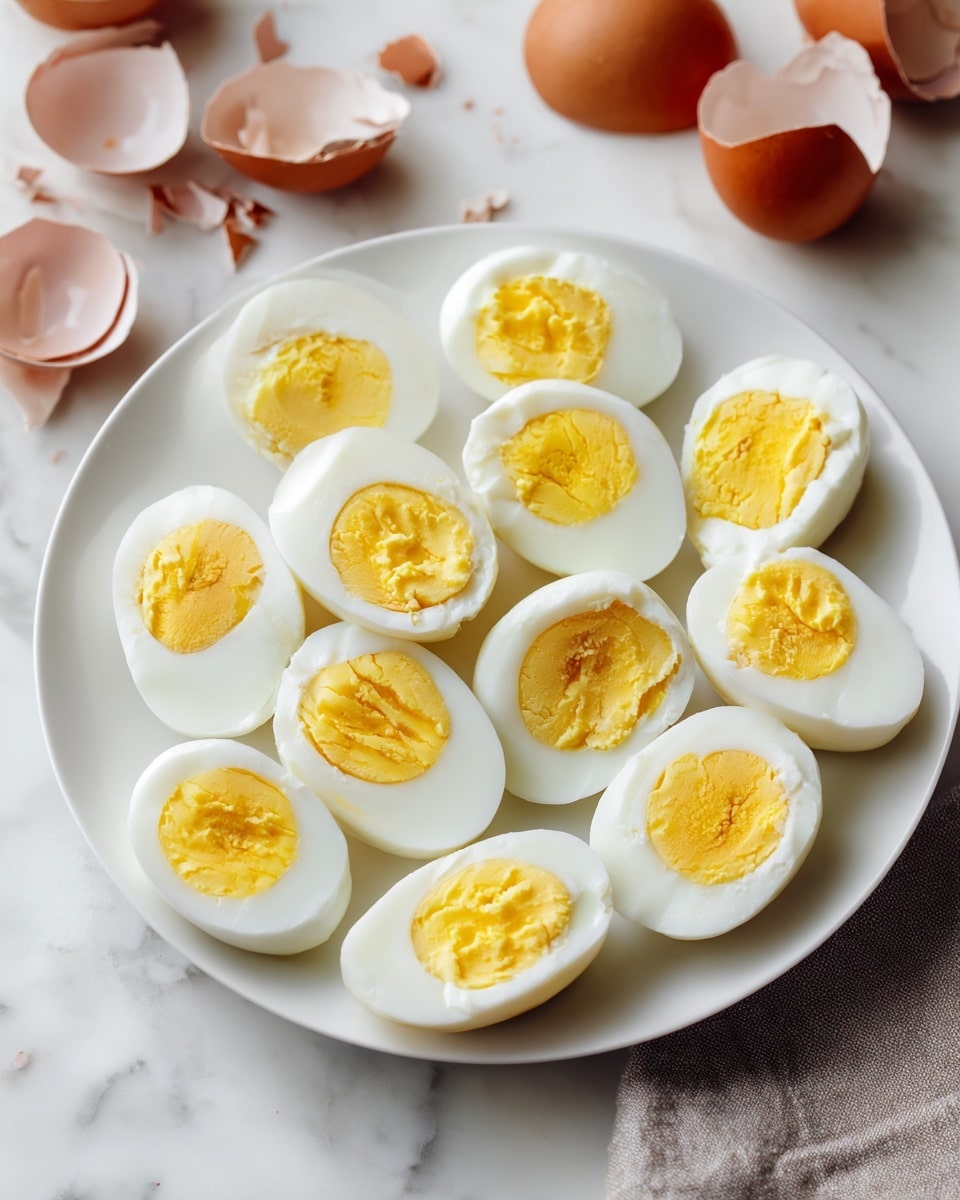 A white plate holds eleven halves of hard boiled eggs arranged closely together, showing off smooth white outer egg whites and firm yellow yolks in the center. The yolks are evenly placed inside each white half, some with slightly broken or rough textures. In the background, there are cracked brown eggshell pieces scattered on a white marbled surface, enhancing the fresh and natural look of the scene. The photo taken with an iphone --ar 4:5 --v 7