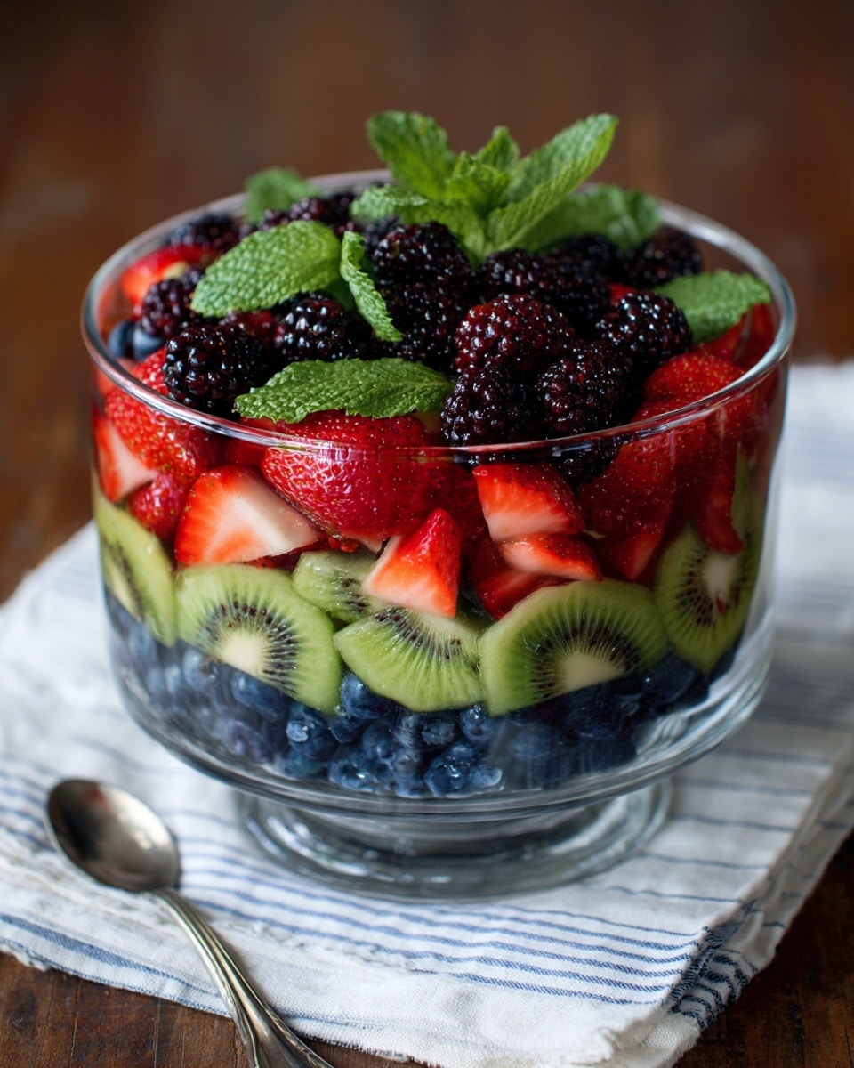A clear glass bowl filled with fresh fruit salad sits on a white cloth with blue stripes, on a wooden table. The salad has three visible layers: the bottom layer is deep blue blueberries, the middle layer shows dark blackberries with a rough texture, and the top layer features bright red strawberries cut into halves and green kiwi pieces with black seeds. On top, fresh mint leaves with a textured green surface lay as garnish. The scene is lit with natural light, showing vivid colors and fresh textures. photo taken with an iphone --ar 4:5 --v 7