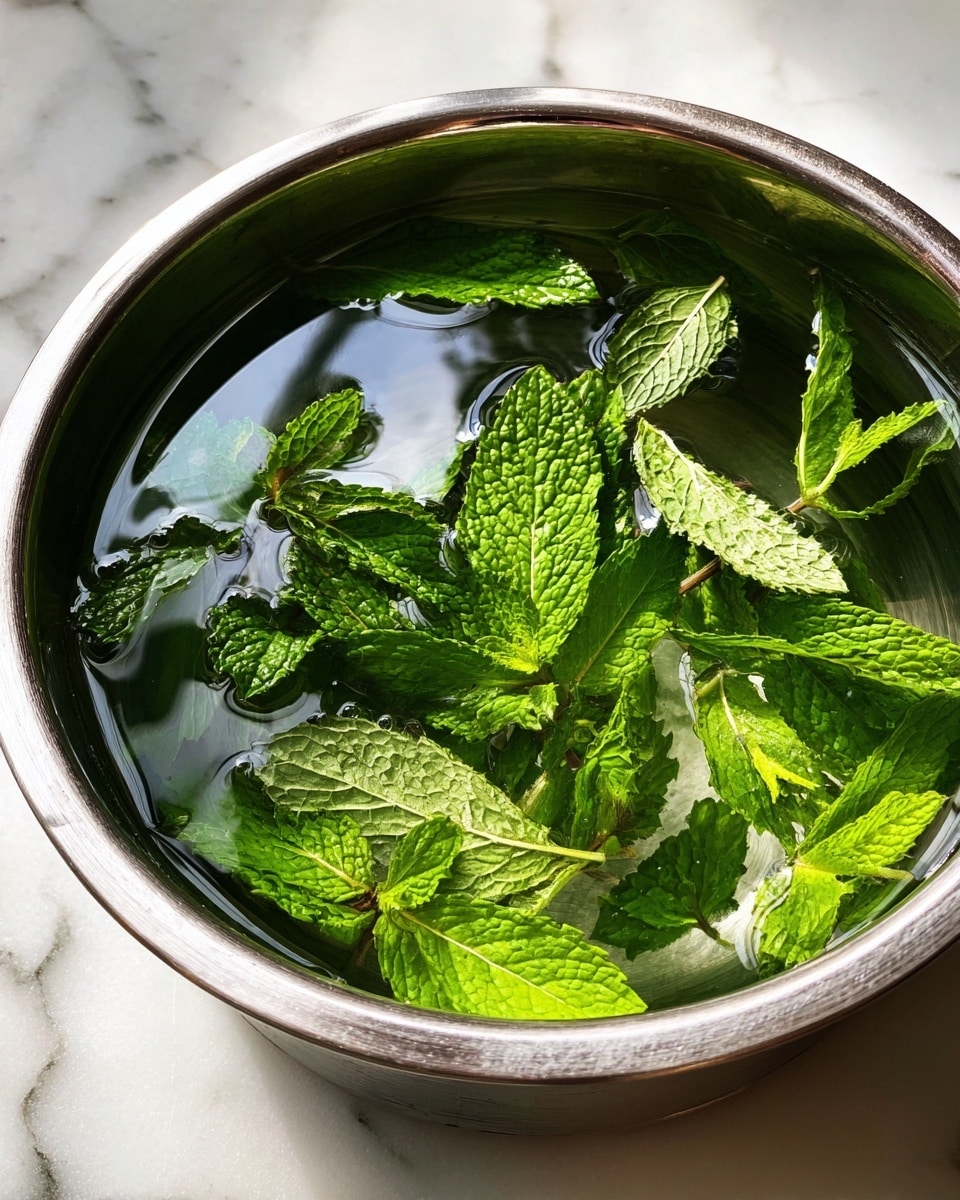 A shiny metal pot filled with clear water and fresh green mint leaves floating on the surface. The leaves are bright and textured, showing detailed veins and serrated edges, some partially submerged, some fully on top. The pot's interior reflects the light softly, with a smooth and clean surface. The scene is set on a white marbled surface. photo taken with an iphone --ar 4:5 --v 7
