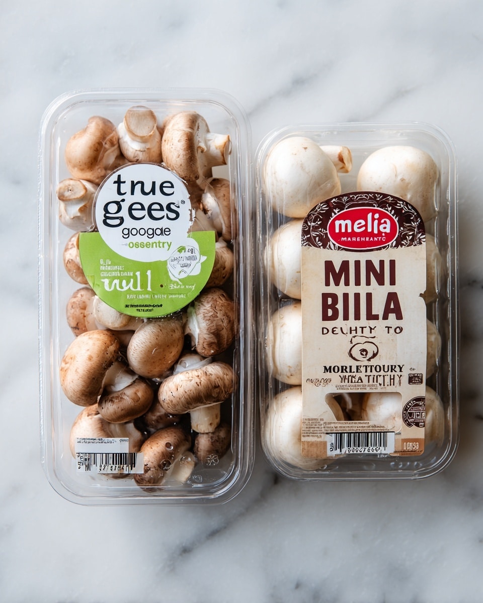 The image shows two plastic containers of mushrooms placed on a white marbled surface. The container on the left holds light brown mini bella mushrooms with a green and white label that reads