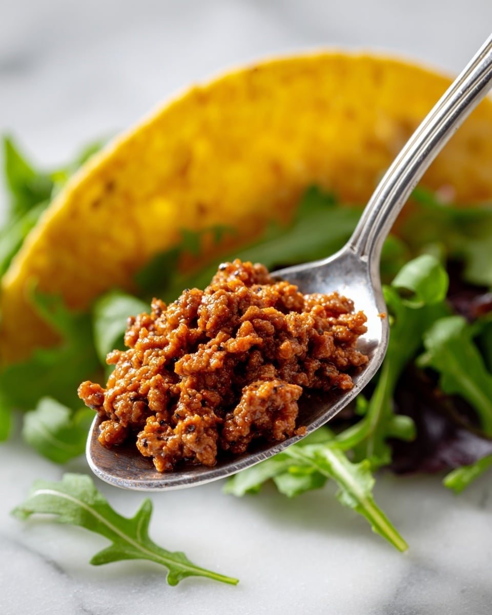 Two hard taco shells stand upright side by side on a white plate with a slightly worn rim, which is placed on a white marbled surface. Each shell is filled with a base layer of crumbled brown meat, topped with shredded bright orange cheddar cheese. Crispy green and brown textured chips are scattered on top of the cheese and around the base of the tacos. The plate is lined with a mix of fresh leafy greens including light green, dark green, and deep purple leaves that add a fresh and colorful contrast to the tacos. Photo taken with an iphone --ar 4:5 --v 7