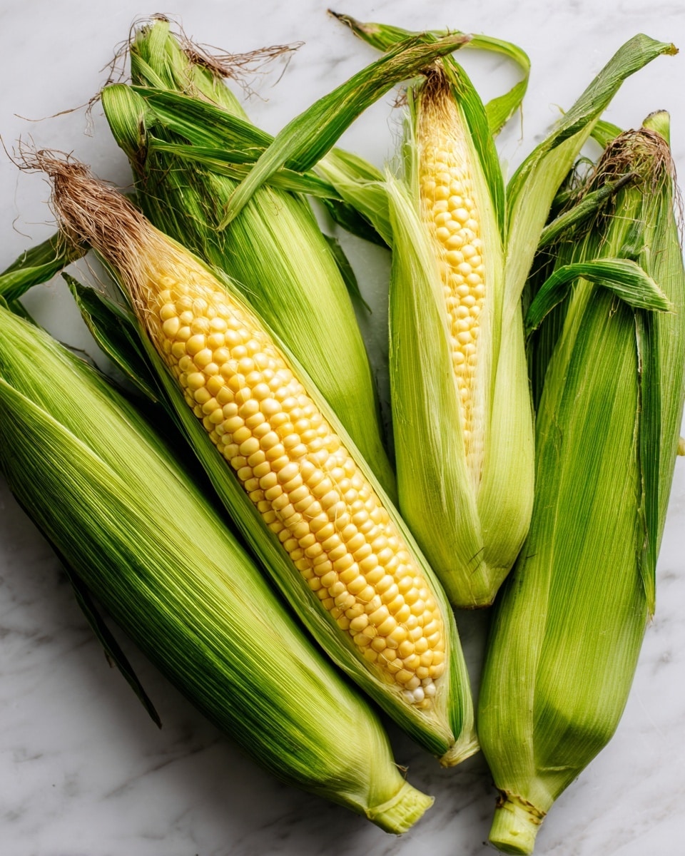 Four ears of corn are placed on a white marbled surface. Three ears are fully covered in bright green husks with some long, light brown corn silk visible at the top. The fourth ear is partially peeled back to show smooth, bright yellow corn kernels arranged in neat rows, and some silky strands hang loosely. The ears are arranged mostly parallel, with their husks and silk creating a mix of textures. photo taken with an iphone --ar 4:5 --v 7