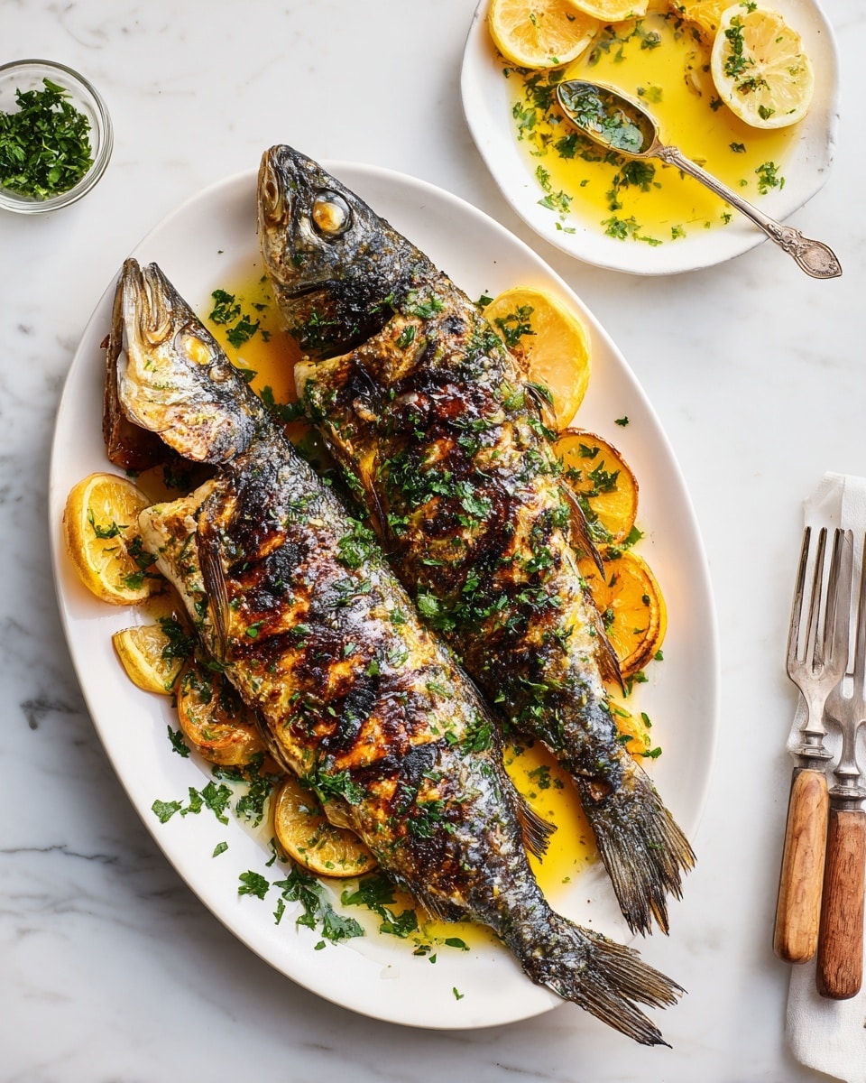Two cooked white fish fillets with light grill marks lie side by side on a white speckled plate, topped with a drizzle of yellowish herb sauce and sprinkled with green herbs. Lemon wedges, pale yellow and juicy, are arranged on the left side of the plate and beneath one fillet, with green parsley leaves placed around the fish. A silver fork with a wooden handle is lifting a flake of fish on the right side. The plate sits on a white marbled surface with a small dish of sauce and a gray cloth napkin nearby. Photo taken with an iphone --ar 4:5 --v 7