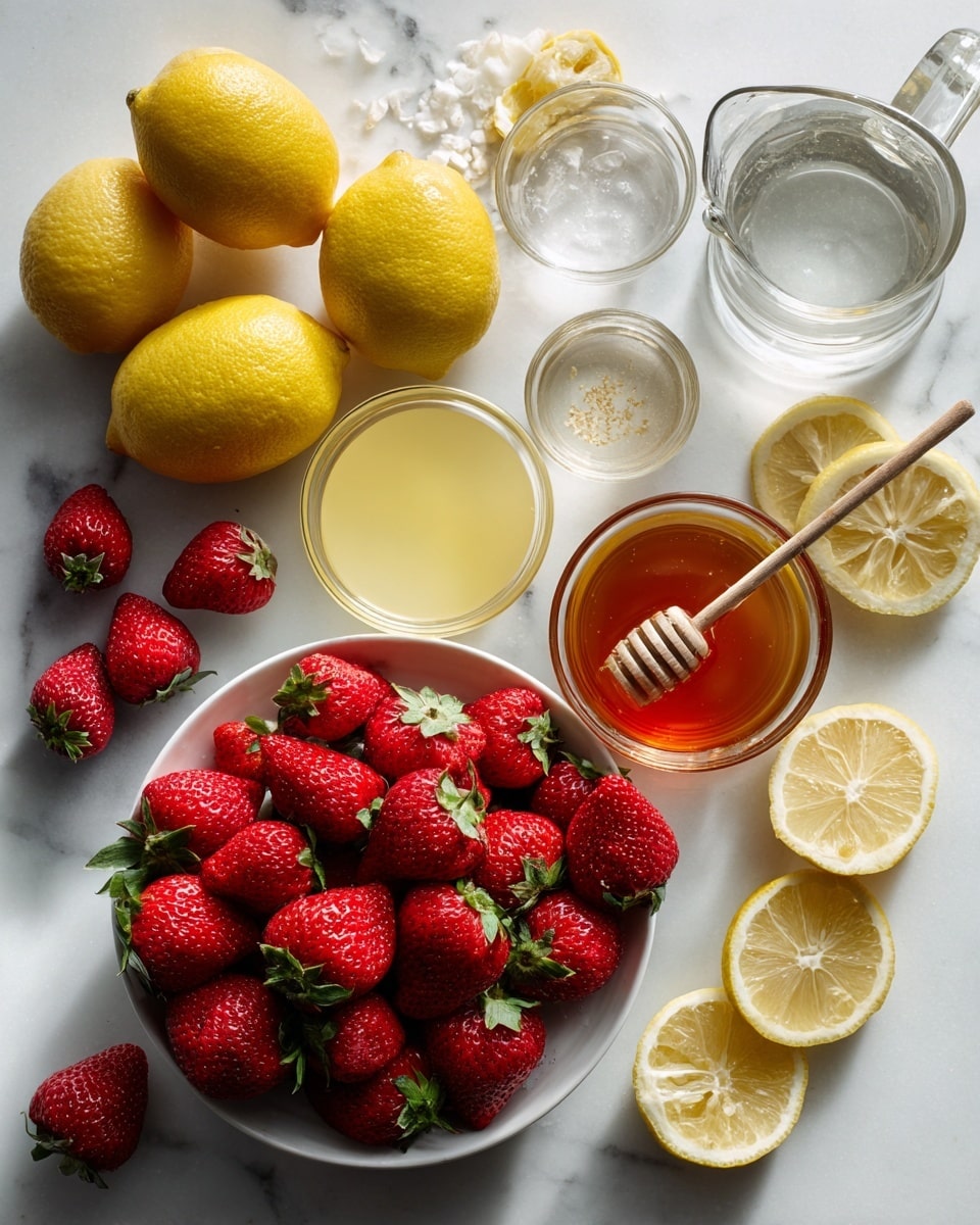 The image is split into two side-by-side views of a clear blender jar on a white marbled surface. The left side shows whole red strawberries inside the blender with some water being poured in, and a small white bowl with honey nearby at the bottom left corner. On the right side, the blender jar now contains a smooth, bright red strawberry liquid, showing the blended result. The blender jar has a clear handle on the right side in both views. Photo taken with an iphone --ar 4:5 --v 7