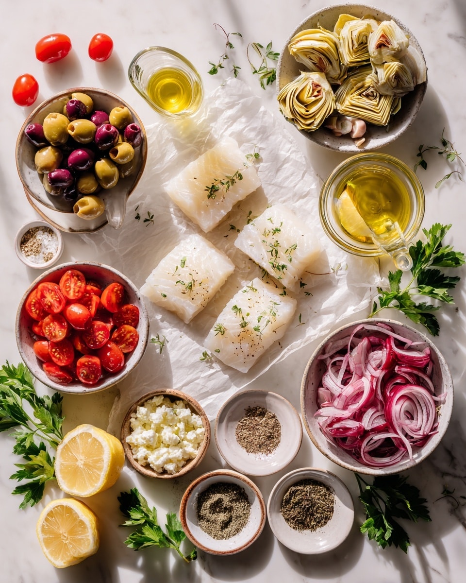 A white round plate holds a meal with three main layers: a base layer of white rice on the right side, a middle layer of cooked white fish fillet in the center, and a top layer of colorful vegetables scattered on and around the fish. The vegetables include halved red cherry tomatoes, green and black olives, sliced pale pink pickled onions, and yellow artichoke pieces. The dish is garnished with small white cheese crumbles and chopped green herbs sprinkled over everything. A lemon wedge is placed at the bottom edge of the plate near the rice. A silver fork rests on the right side of the plate on the white marbled surface. In the background, a white ceramic dish with similar food is partially visible at the top right, and some lemon slices and parsley are near the upper left corner. photo taken with an iphone --ar 4:5 --v 7