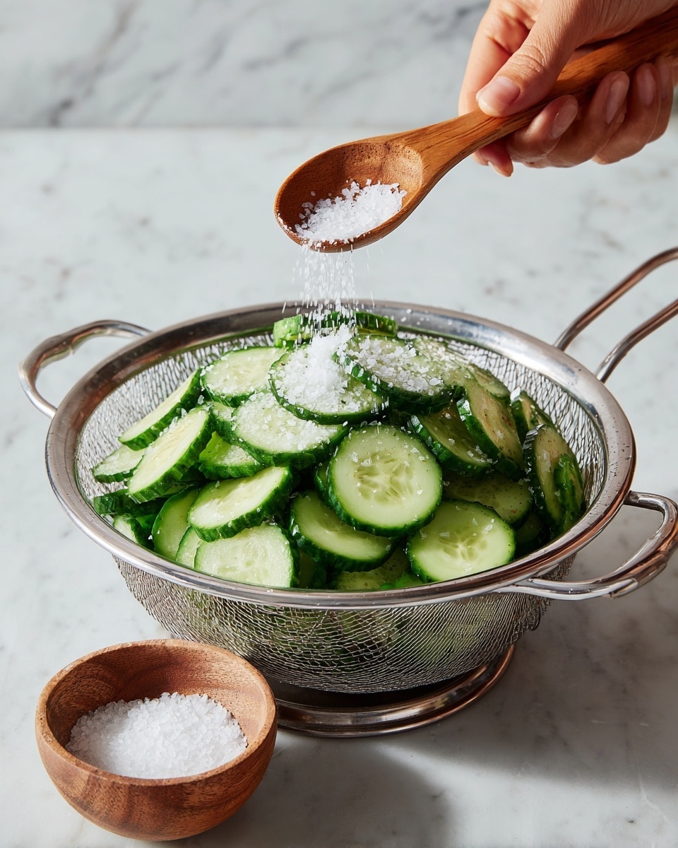 A metal colander filled with thinly sliced green cucumbers stacked in layers, visible seeds and skin edges. On top of the cucumbers, there's a light layer of white granulated salt being sprinkled from a small wooden spoon held by a woman's hand. Below the colander, a small wooden bowl holds more white salt. The whole scene is set on a white marbled surface with the colander's metal handles visible on both sides photo taken with an iphone --ar 4:5 --v 7