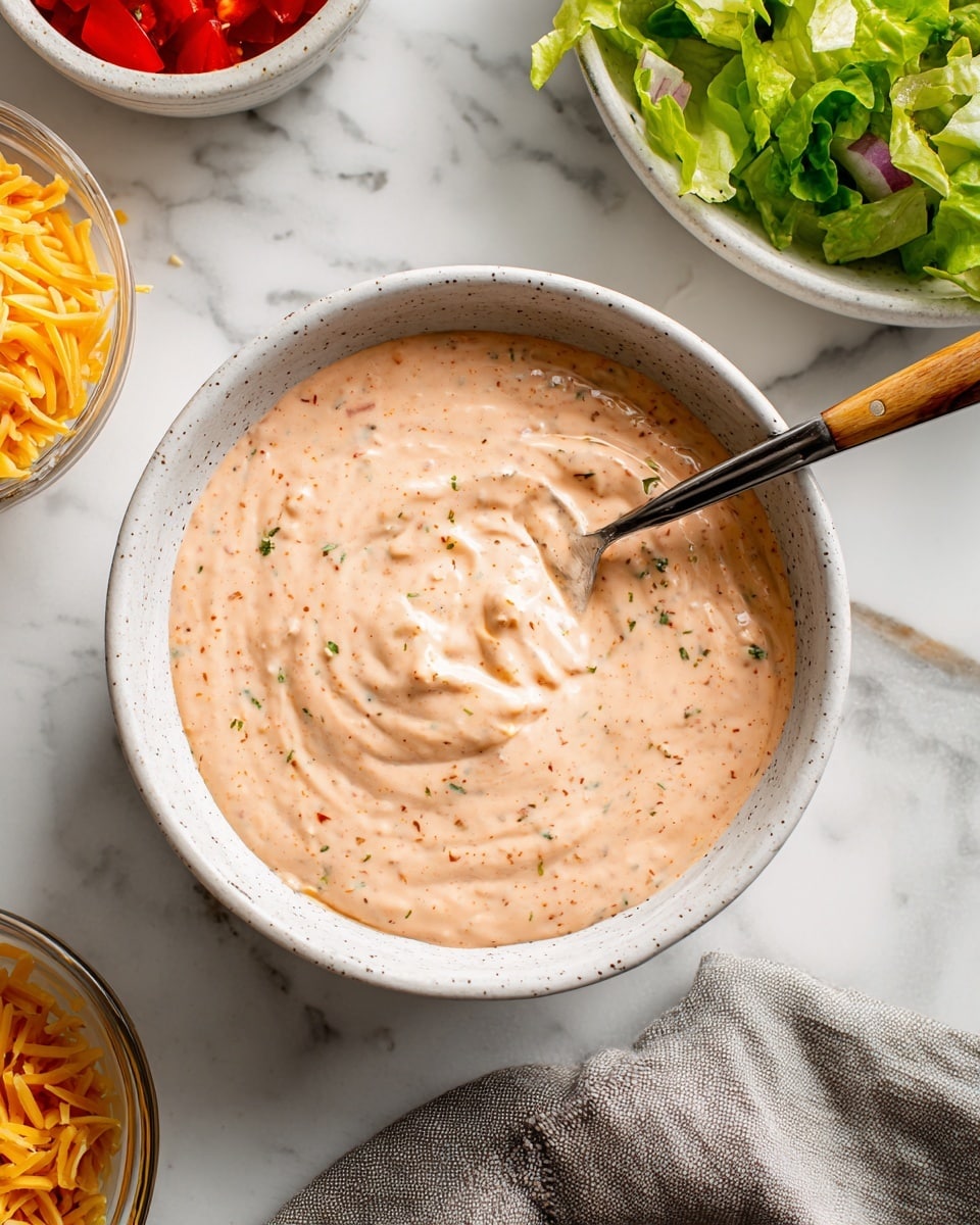 The image shows a white bowl filled with a colorful layered dish starting with a base of bright orange cubes, likely roasted sweet potatoes, mixed with crumbled browned ground meat. On top of this, there is a layer of shredded yellow cheese scattered evenly. Above the cheese, there are fresh green lettuce strips arranged in a loose pile, mixed with chunks of red tomatoes, white onions, and green pickles. A silver spoon held by a woman's hand is pouring a creamy beige sauce over the vegetables, creating a smooth texture that contrasts with the sharp, fresh ingredients. The bowl is placed on a white marbled surface with blurred white bowls containing more diced vegetables in the background. photo taken with an iphone --ar 4:5 --v 7
