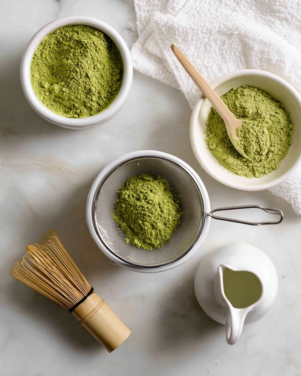 The image shows a white bowl with a silver mesh sifter resting on top, holding green matcha powder in the center. Above it, there is another white bowl filled with more green matcha powder and a light wooden scoop laying across it. Below to the left, a light wooden whisk with fine bristles sits on the white marbled surface. At the bottom right, a white small pitcher rests on the same white marbled surface. A white cloth is folded softly on the top right corner of the surface. The whole setup is on a white marbled textured background, captured from above. photo taken with an iphone --ar 4:5 --v 7