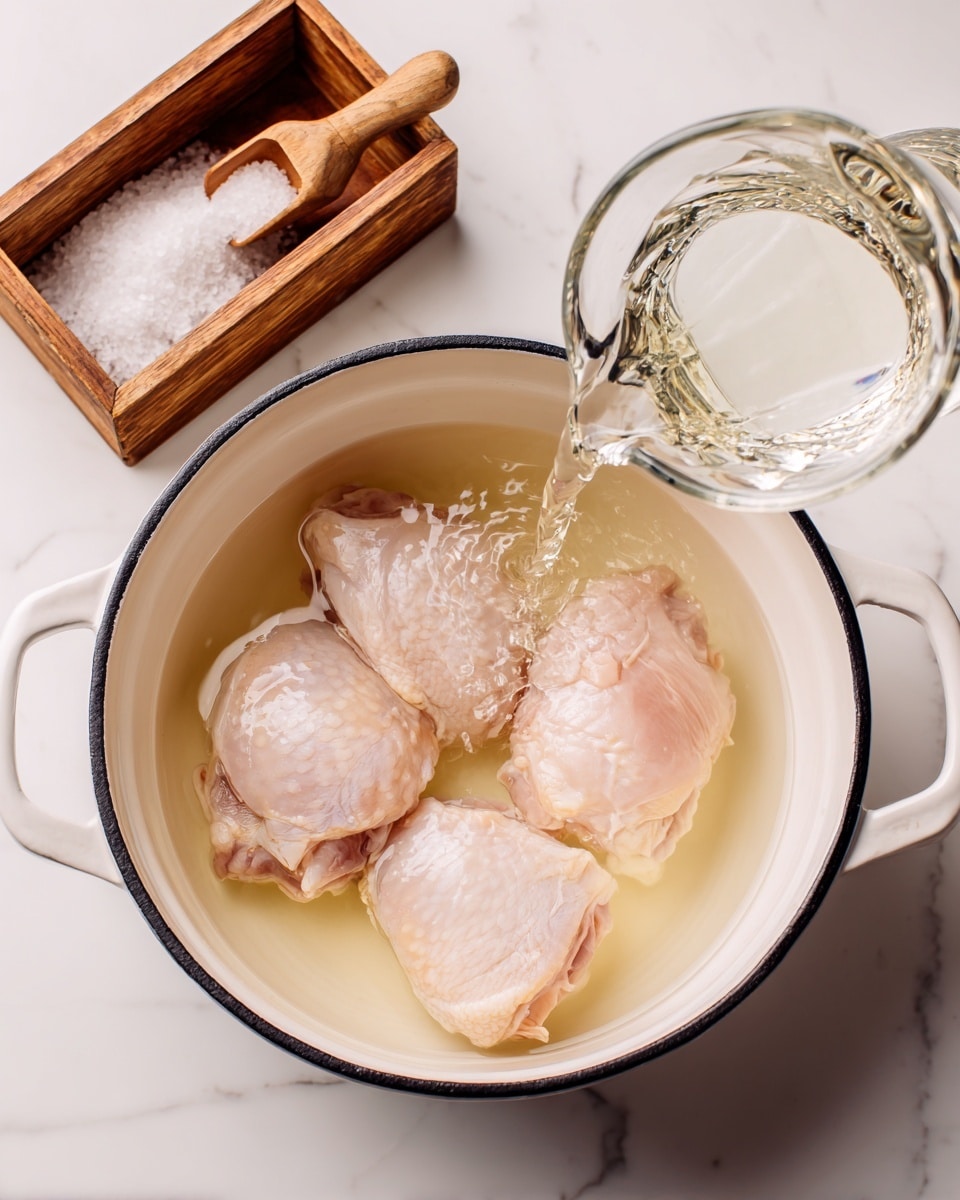 A white pot with black rim holds three raw chicken pieces submerged in a clear liquid, with a clear glass jug pouring more liquid into the pot from the right side. The chicken pieces have a light pink color and smooth texture, spaced apart evenly in the pot. In the top left corner, there is a wooden box with a scoop of white salt, sitting on a white marbled surface. Photo taken with an iphone --ar 4:5 --v 7