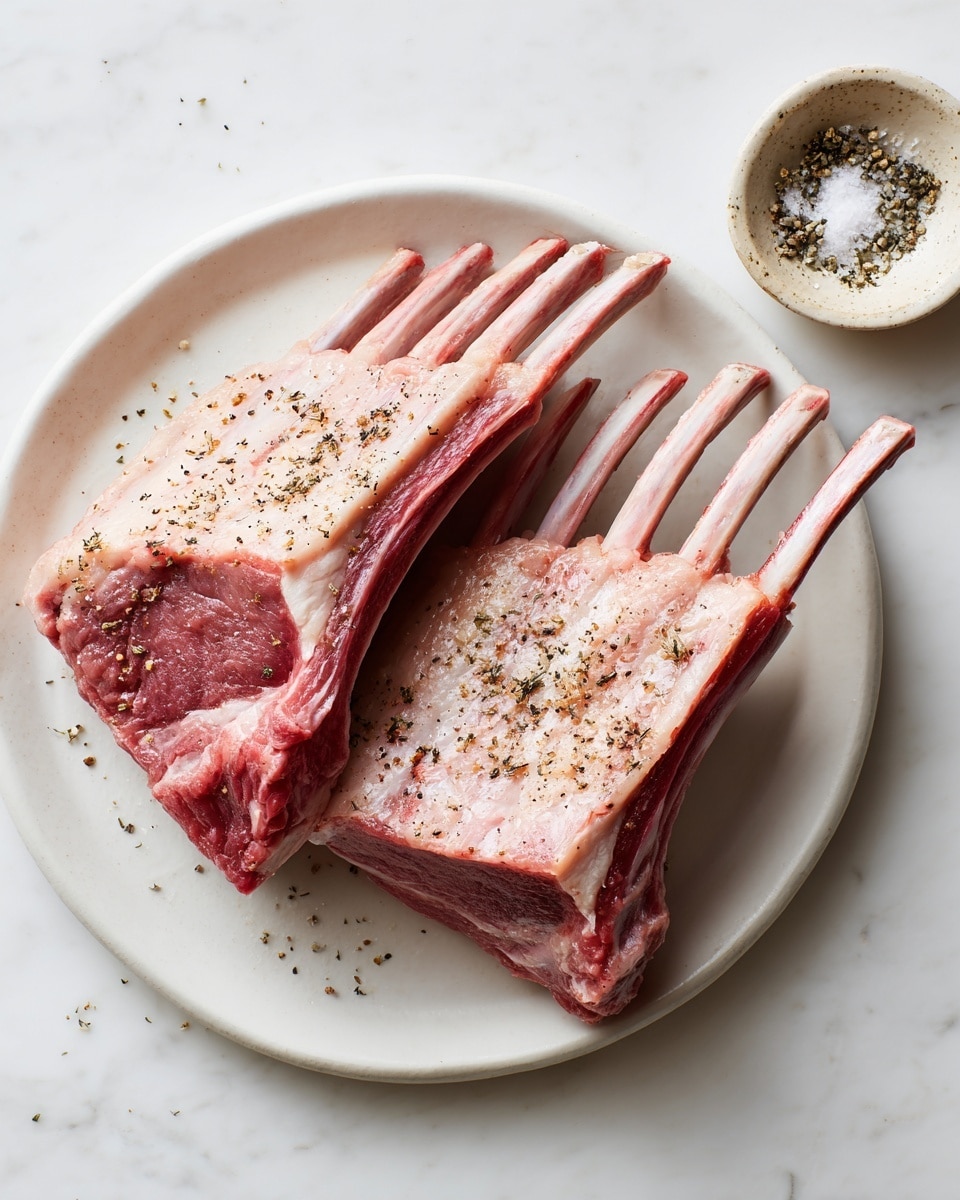 Two raw racks of lamb lie on a white plate placed on a white marbled surface. Each rack has visible pinkish-red meat and white bones exposed neatly at one end. The meat surface is lightly sprinkled with coarse salt and cracked black pepper, creating a speckled texture. In the top part of the image, a small round bowl holds more salt and pepper. The overall look is fresh and natural, with a clean and simple food presentation. photo taken with an iphone --ar 4:5 --v 7