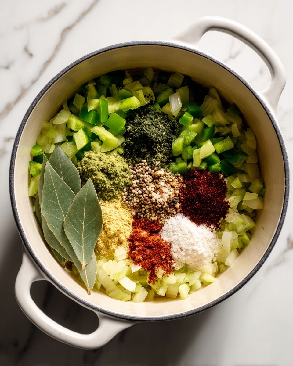 A white pot with two handles holds a mix of chopped green bell peppers and translucent light yellow onions spread evenly around the edges. In the center, there are several small piles of spices: dark green dried herbs, deep red chili powder, light crushed garlic, white salt, black pepper, and brownish seeds, all arranged in distinct clusters. Two large green bay leaves rest on top near the front. The pot sits on a white marbled surface. photo taken with an iphone --ar 4:5 --v 7