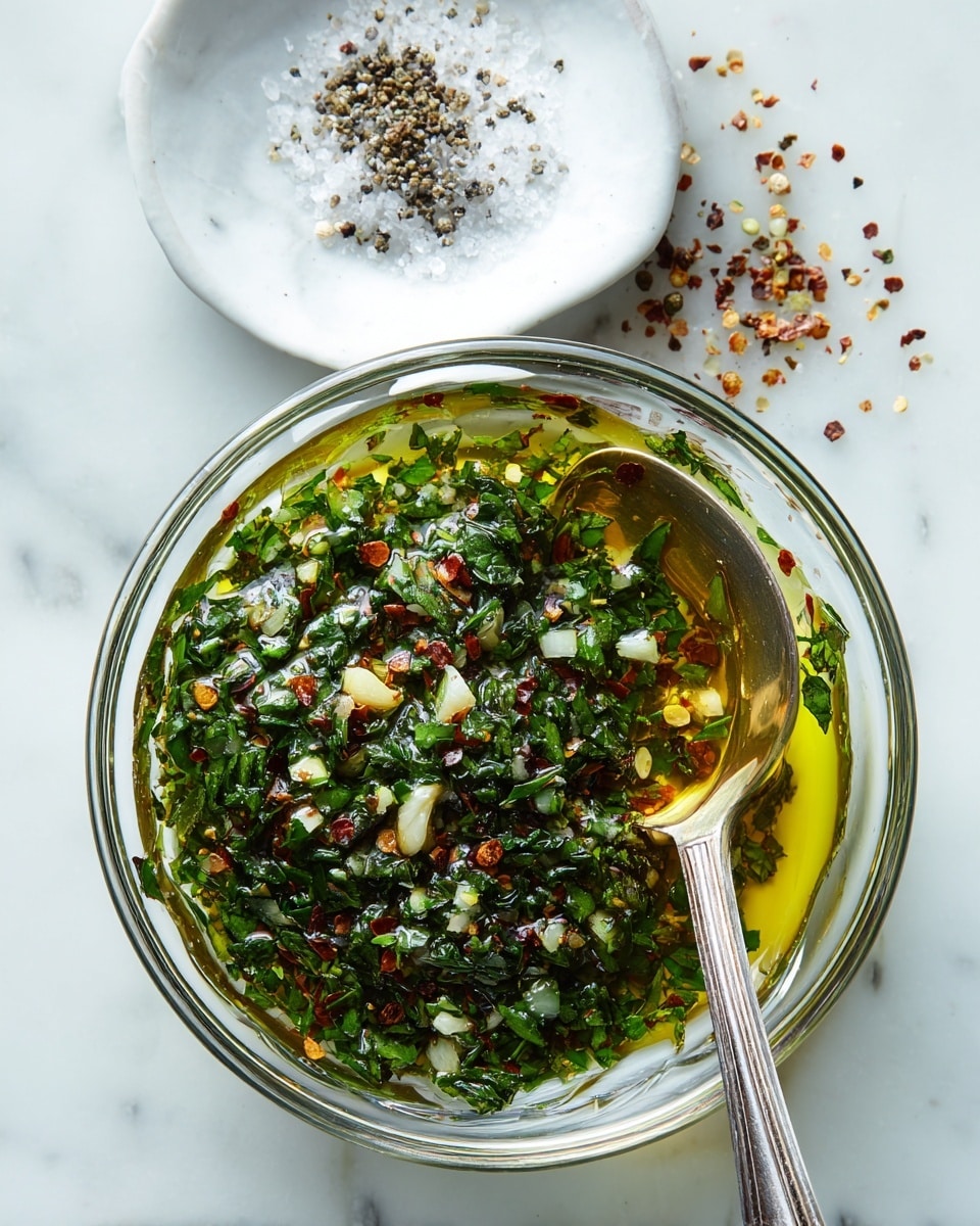 A clear glass bowl sits on a white marbled surface, filled with a mix of finely chopped green herbs, small bits of garlic, and red pepper flakes floating in a pool of golden olive oil, giving a shiny, textured look. A silver spoon rests inside the bowl, with the handle stretching out toward the bottom right of the image. Above and to the left, a small white plate holds coarse ground pepper and salt with some scattered bits around it. The colors mainly include fresh greens, bright red specks, and the yellowish oil within the transparent bowl. Photo taken with an iphone --ar 4:5 --v 7