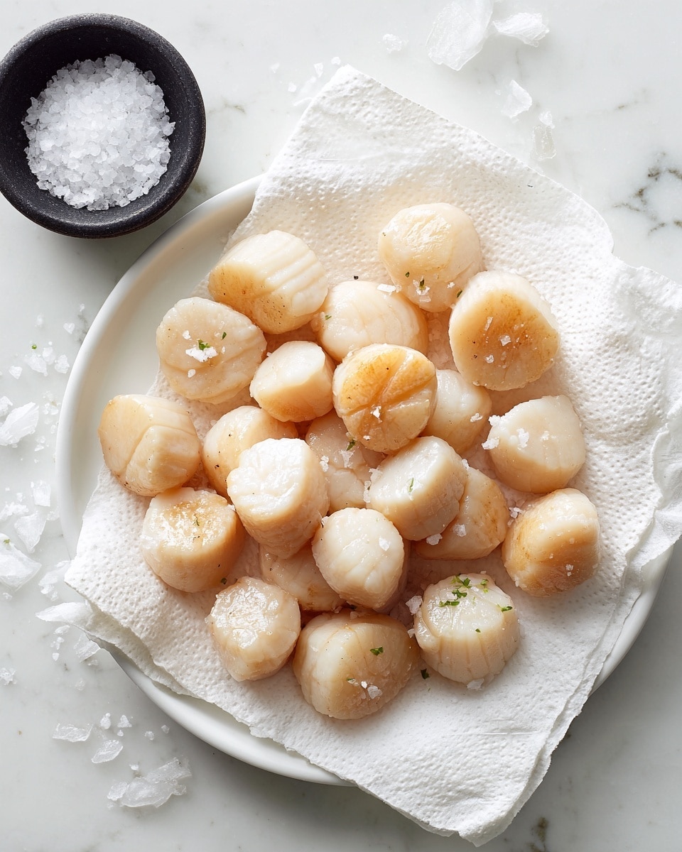 A white plate is covered with a white paper towel that holds many small, round scallops. The scallops have a pale cream color, slightly shiny with some soft, natural cracks on their surface, and a light sprinkling of salt on top. In the top left corner, there is a small black bowl filled with coarse salt on a white marbled surface. The scene is bright and clean with soft natural light. Photo taken with an iphone --ar 4:5 --v 7
