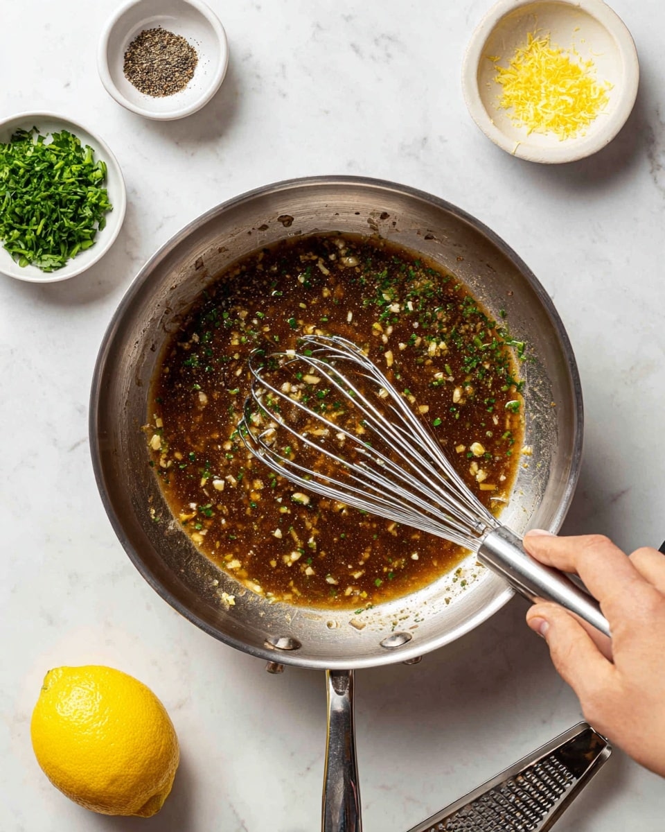 A shiny stainless steel pan holds a single layer of brown sauce with small bits of herbs and garlic spread evenly across the surface, stirred by a woman's hand holding a metal whisk on the right side. Above the pan, there are three small white bowls; one contains black pepper, one has green chopped herbs, and the last has yellow lemon zest. Below the pan on the white marbled surface, there is a halved lemon and a metal zester tool. The whole scene is bright and clean with a simple color mix of brown, yellow, green, and silver. photo taken with an iphone --ar 4:5 --v 7