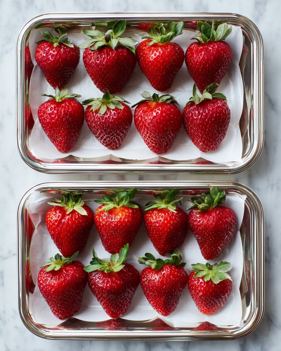 Two silver trays are shown from above on a white marbled surface, each tray lined with white paper. The top tray holds 13 bright red strawberries with green leafy tops, spaced apart evenly. The bottom tray holds 12 similar strawberries, also spaced out evenly with their green leafy tops facing different directions. The strawberries have a shiny and fresh texture. Photo taken with an iphone --ar 4:5 --v 7
