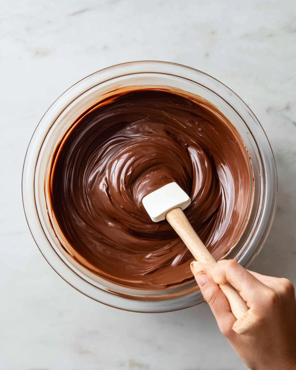 A glass bowl holds a thick layer of smooth, melted chocolate with a shiny, rich brown color and creamy texture. The bowl sits inside a clear double boiler over a pot, resting on a white marbled surface. A woman's hand is stirring the chocolate with a small spatula that has a white silicone blade and light wooden handle, creating soft swirling motions in the chocolate. The scene is bright with soft natural light highlighting the glossy surface of the chocolate. Photo taken with an iphone --ar 4:5 --v 7
