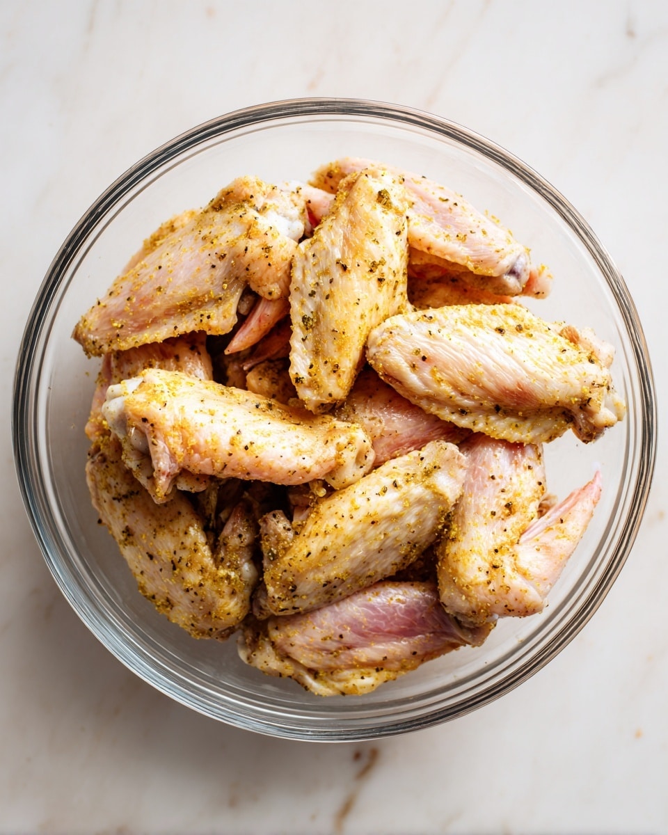 A clear glass bowl sits on a white marbled surface, filled with raw chicken wings. The wings are arranged in a single layer overlapping each other, showing light pink skin with some white fat. They are seasoned generously with coarse black pepper and yellowish spices that are spread unevenly over the surface. The texture of the chicken skin looks soft and moist under the seasoning. photo taken with an iphone --ar 4:5 --v 7
