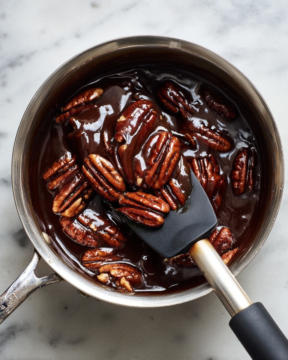 A silver pot with smooth, shiny caramel sauce filling it, mixed with whole, glossy pecan nuts that are dark brown and textured. A black and silver spatula stirs the thick caramel, lifting some with a creamy, sticky texture. All of this is set on a white marbled surface. photo taken with an iphone --ar 4:5 --v 7