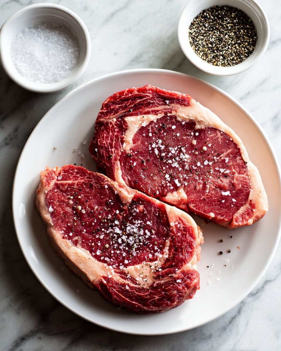Two raw ribeye steaks with visible marbled white fat and red meat texture lie side by side on a white plate. Each steak is sprinkled with coarse black pepper and white salt flakes. Near the top left edge of the image, there are two small round white bowls, one filled with crushed black pepper and sea salt, and the other with coarse white salt, both placed on a white marbled surface. The shadows and lighting highlight the fresh texture of the steak. Photo taken with an iphone --ar 4:5 --v 7