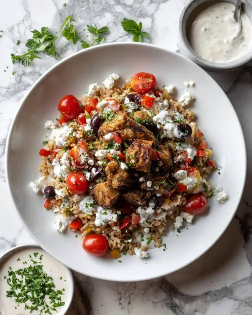 One Skillet Greek Chicken and Orzo with Tomatoes, Feta, and Tzatziki Recipe