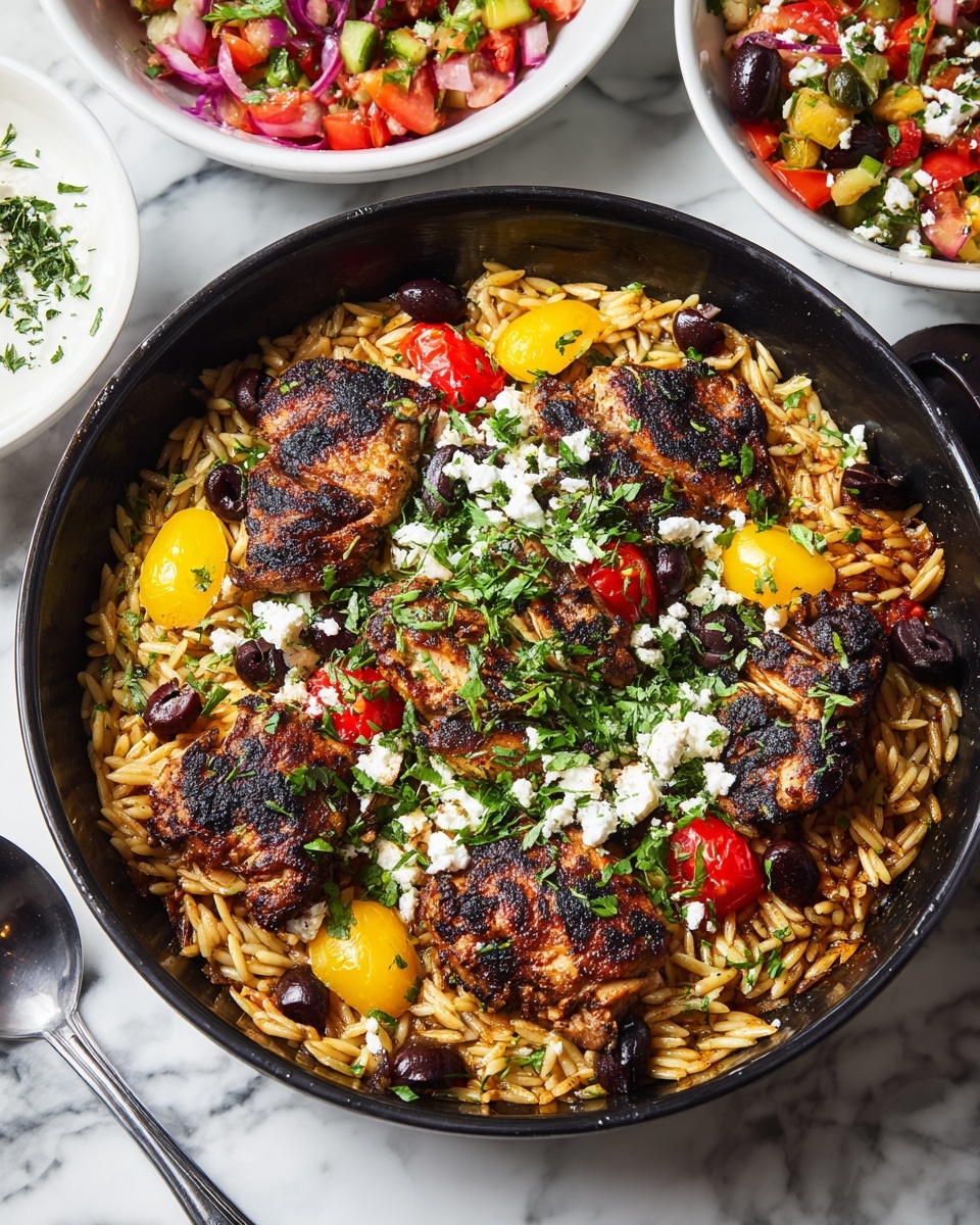A black skillet filled with layered food sits on a white marbled surface. The bottom layer is light brown orzo pasta mixed with small black olives, scattered thin red slices of pepper, and garnished with bits of fresh green herbs. On top, there are several grilled dark brown pieces of chicken with a slightly charred texture. Bright yellow tomato wedges and red cherry tomato halves are scattered across, adding a fresh look. White crumbles of cheese and vibrant green herb sprigs are sprinkled over the dish, creating color contrast. In the skillet sits a silver spoon near the bottom left. Nearby are two white bowls, one filled with colorful tomato salad and the other with a white creamy sauce topped by light green herbs. The photo taken with an iphone --ar 4:5 --v 7