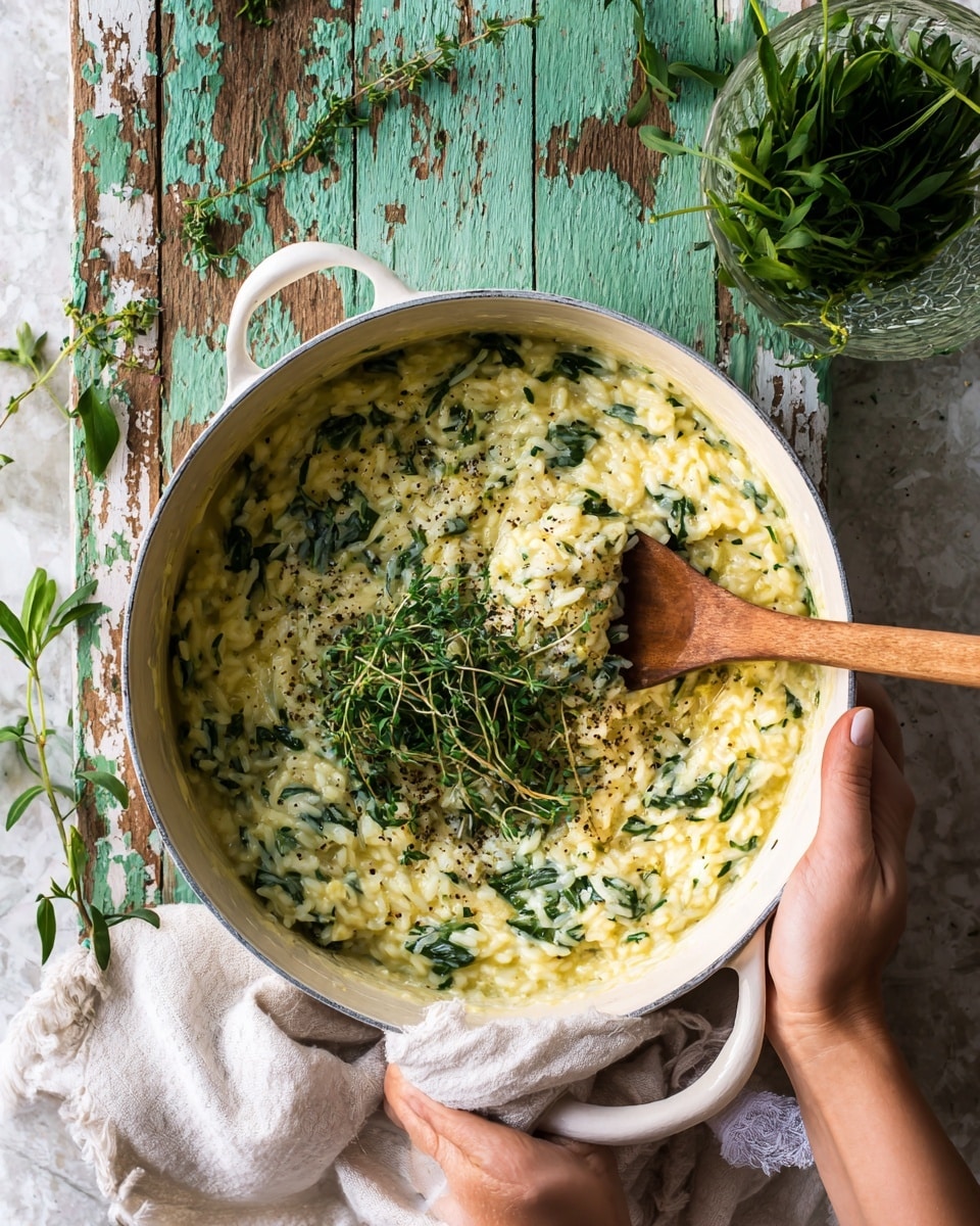A white bowl with blue speckles holds a creamy risotto with small, soft rice grains mixed with green herbs and thin slices of yellow lemon zest. The risotto is swirled inward, showing a melted pool of butter at the center sprinkled lightly with black pepper. A silver spoon rests inside the bowl on the right side. Next to the bowl is a white enamel pot filled with the same risotto, partially visible on the right. The setup sits on a wooden table with some small green herbs on the top left corner and a white cloth napkin partially under the pot. The background texture is white marble photo taken with an iphone --ar 4:5 --v 7