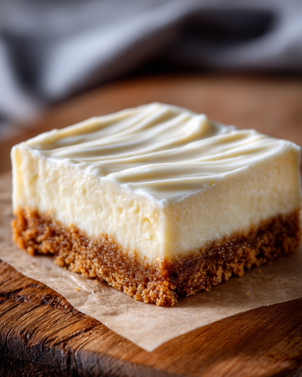 A square dessert with two main layers is shown on parchment paper over a wooden surface. The bottom layer is a light brown crumbly crust that spreads evenly to the edges. The top layer is a thick, creamy off-white filling that is smoothly spread with visible swirls and a soft, slightly glossy texture. The dessert’s sides reveal the clear contrast between the crumbly crust and the smooth filling. Photo taken with an iphone --ar 4:5 --v 7