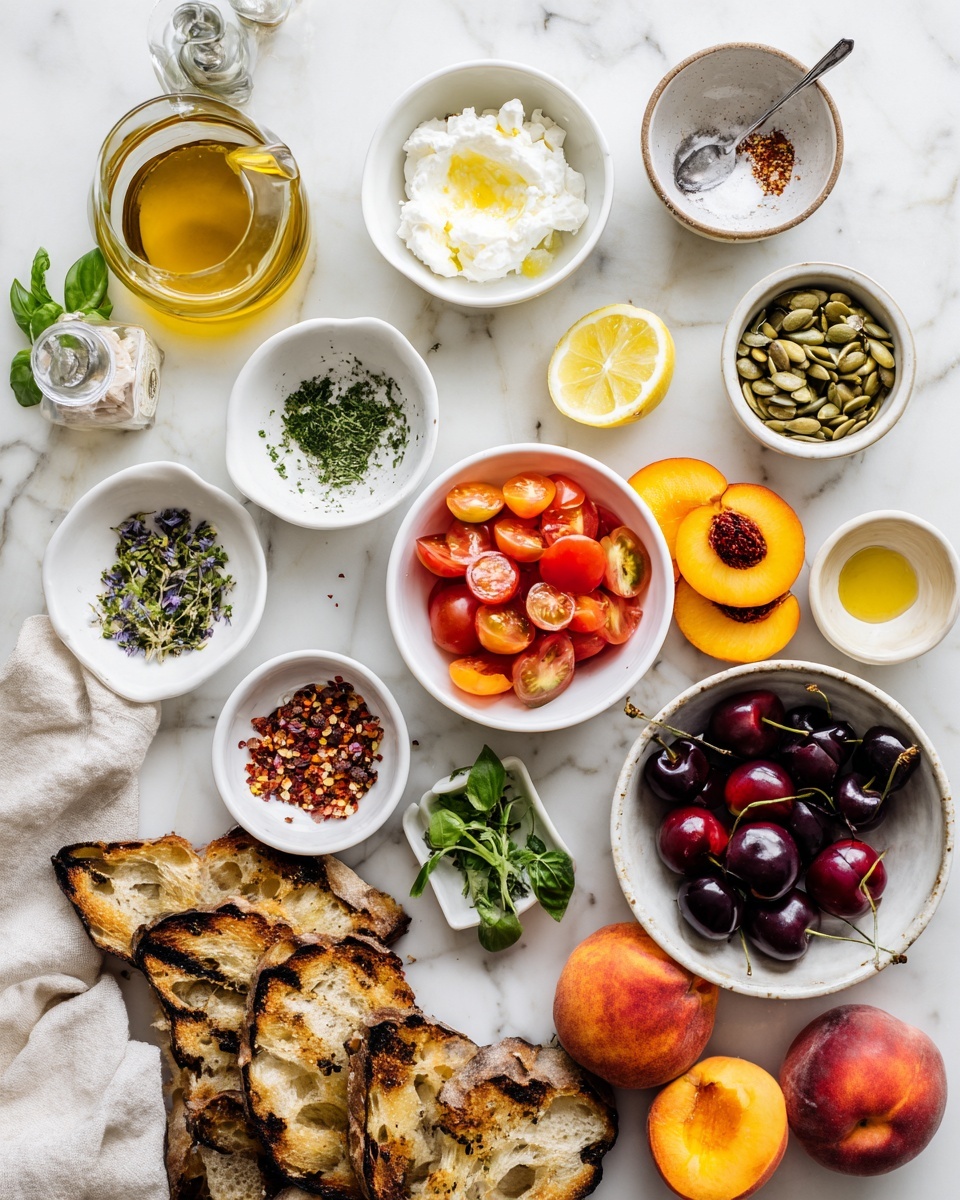 A round bowl filled with dark red cherries, some with green stems, sits on the lower right side. Around the bowl, there are soft peaches with a light orange and pink skin; some have tiny yellow flowers on them. On the upper left side, a white basket overflows with small bright red cherry tomatoes, and a larger peach is nearby. The background is a white marbled texture visible between the fruits, creating a fresh and natural look. photo taken with an iphone --ar 4:5 --v 7