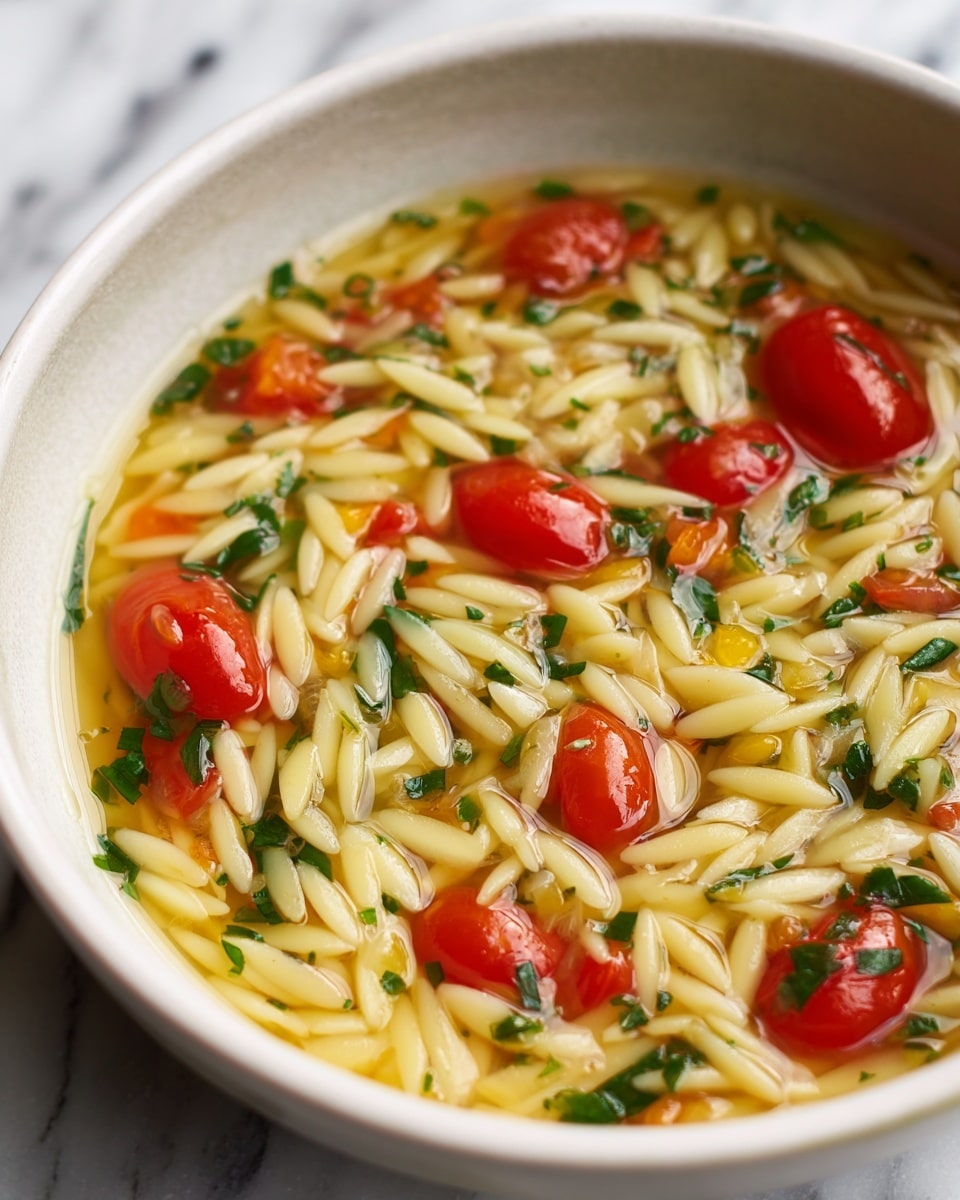 The dish shows cooked orzo pasta mixed with whole red cherry tomatoes and small green bits of herbs and vegetables evenly spread throughout. The orzo is pale yellow with a soft texture, while the tomatoes are shiny and smooth with a bright red color, sitting throughout the pasta. There is a clear, slightly oily broth that covers the bottom part of the dish, adding a glossy look to the orzo and tomatoes. The close-up view highlights the mix of tiny herb pieces and the plump tomato shapes in the liquid. The background surface is a white marbled texture. photo taken with an iphone --ar 4:5 --v 7